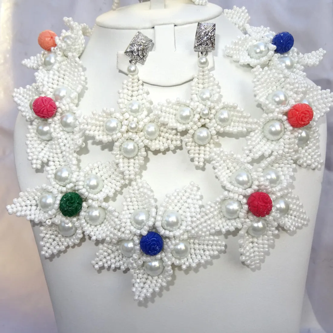 PrestigeApplause Latest Design crystal White with Multi color Coral Beads Bridal Wedding Jewelry Set