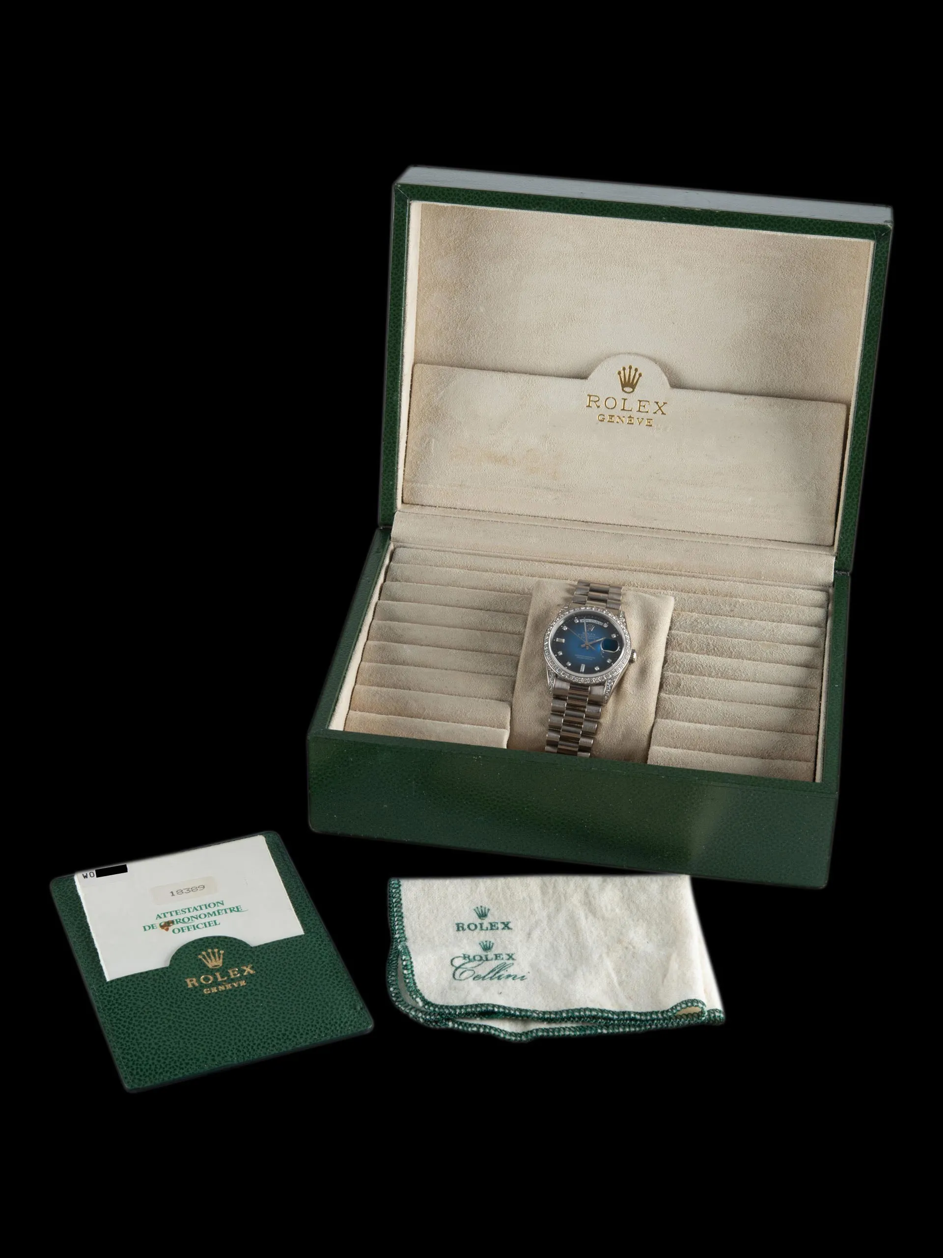 *Rare* 1995 Rolex Day-Date 18K WG (Ref. 18389) Blue Vignette Diamond Dial W/ Box, Papers, Sales Receipt & Service Receipts