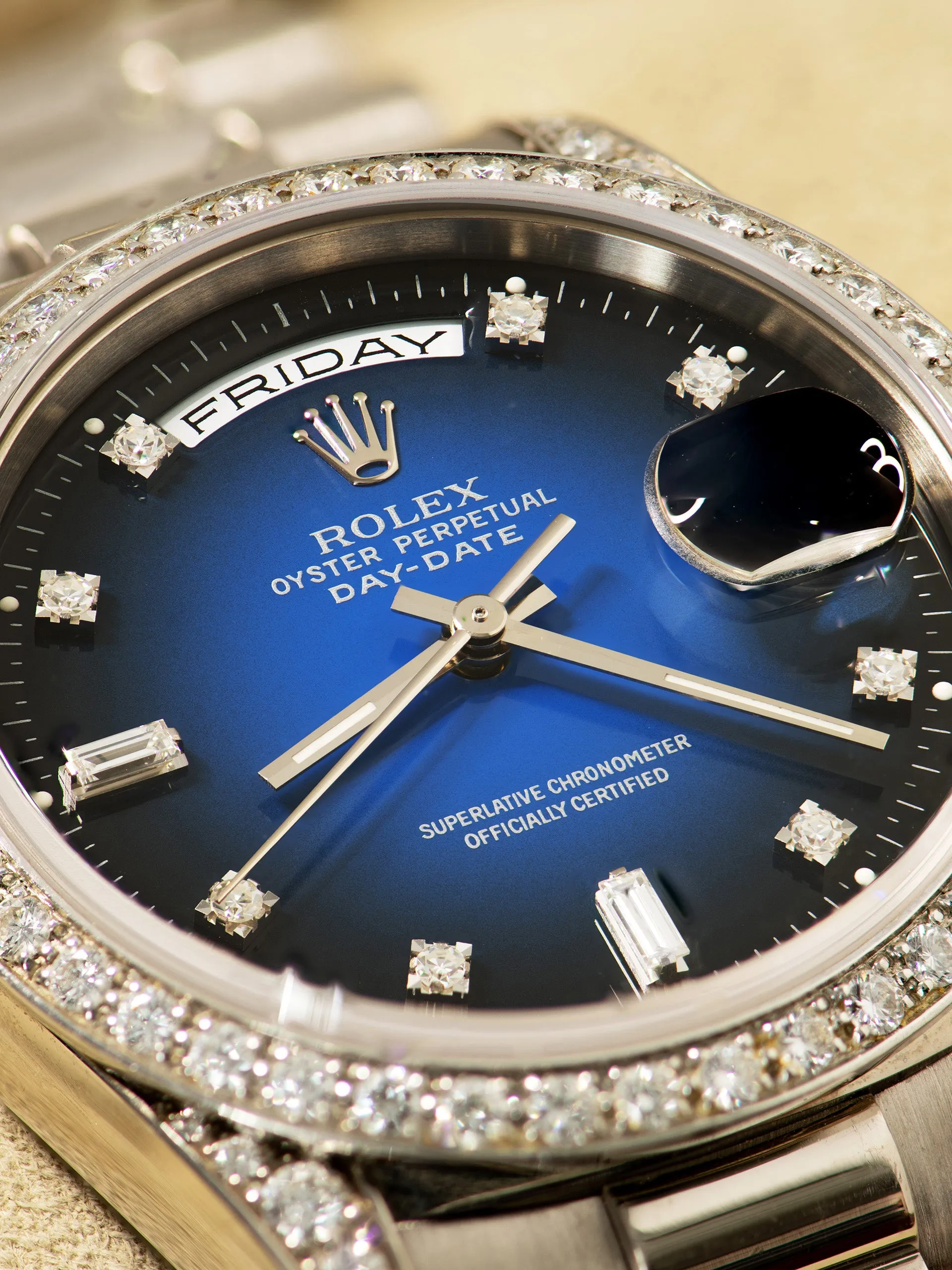 *Rare* 1995 Rolex Day-Date 18K WG (Ref. 18389) Blue Vignette Diamond Dial W/ Box, Papers, Sales Receipt & Service Receipts