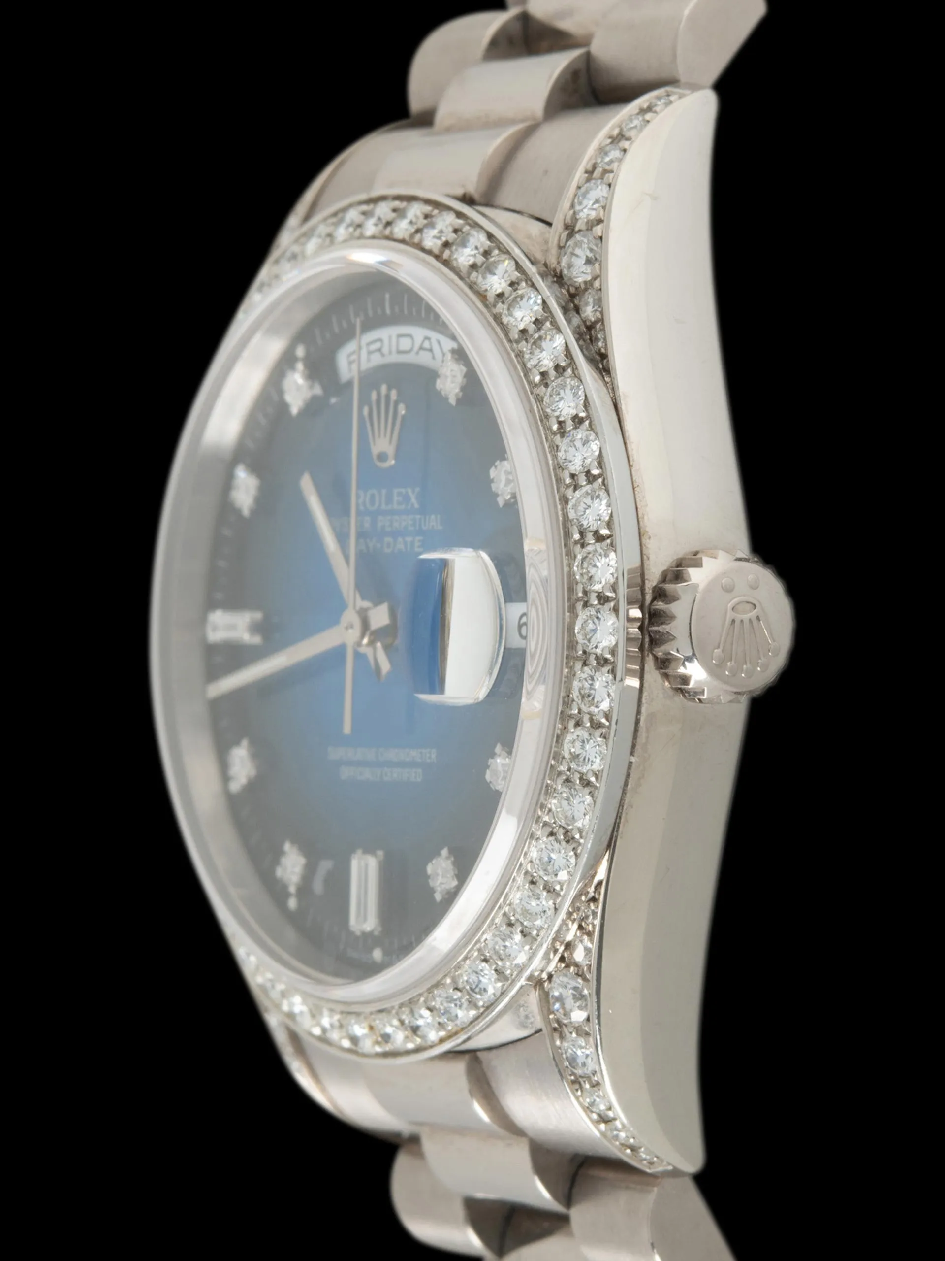 *Rare* 1995 Rolex Day-Date 18K WG (Ref. 18389) Blue Vignette Diamond Dial W/ Box, Papers, Sales Receipt & Service Receipts