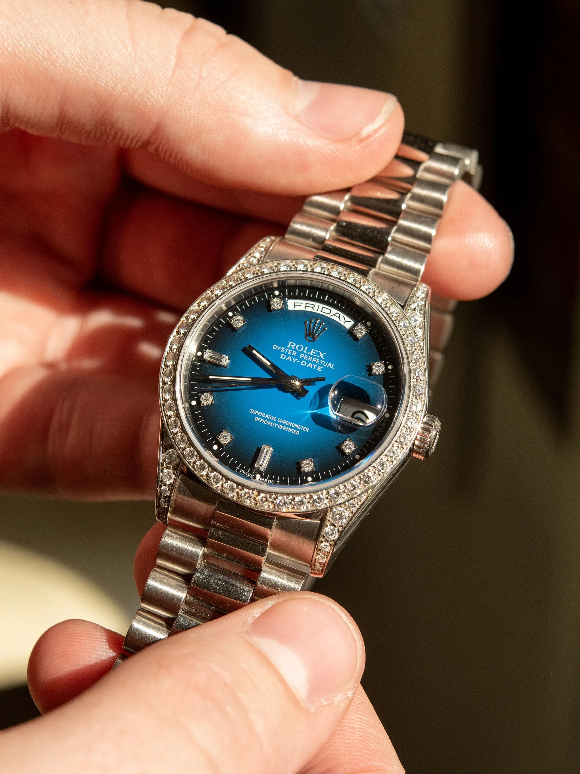 *Rare* 1995 Rolex Day-Date 18K WG (Ref. 18389) Blue Vignette Diamond Dial W/ Box, Papers, Sales Receipt & Service Receipts