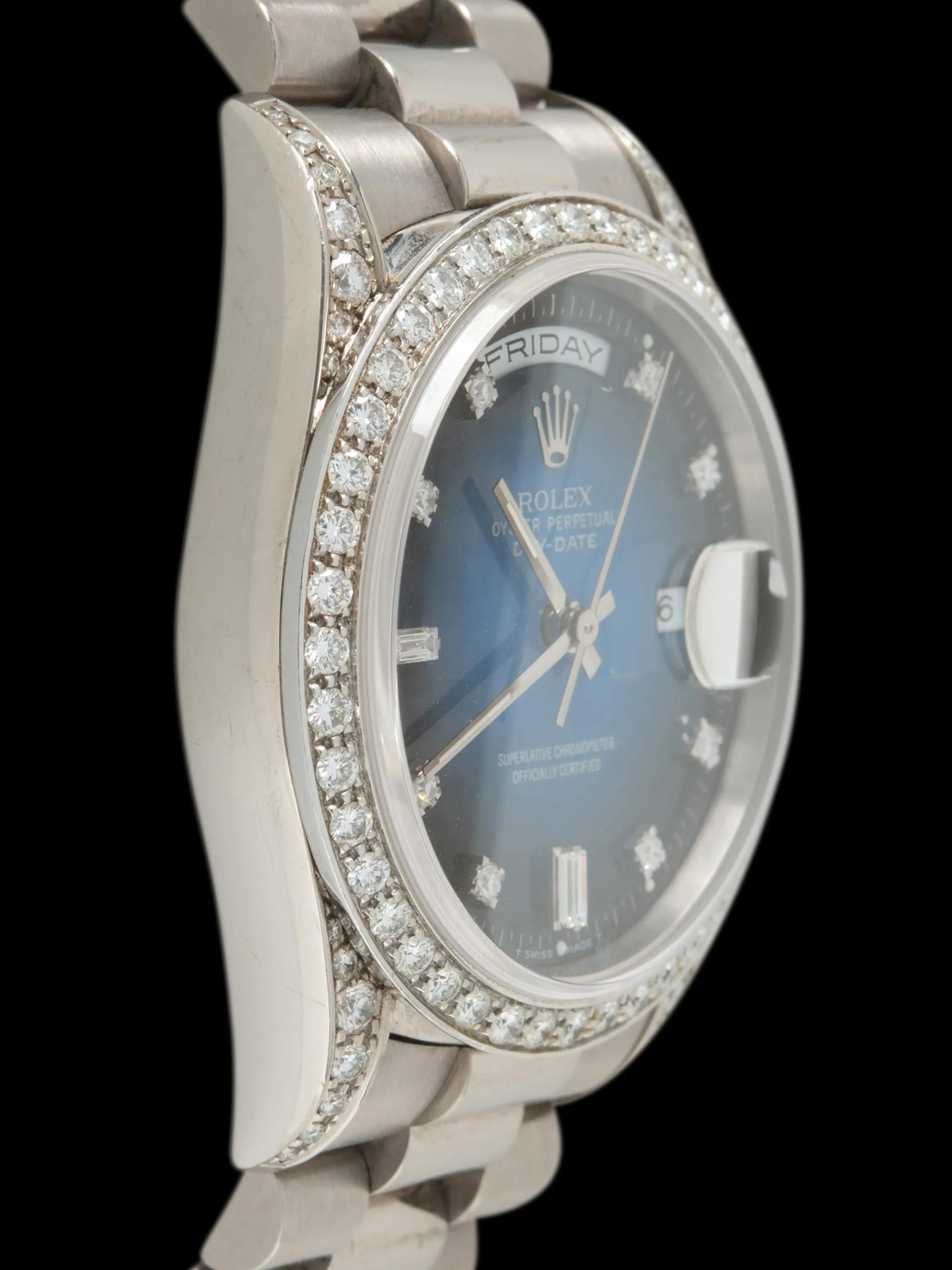 *Rare* 1995 Rolex Day-Date 18K WG (Ref. 18389) Blue Vignette Diamond Dial W/ Box, Papers, Sales Receipt & Service Receipts