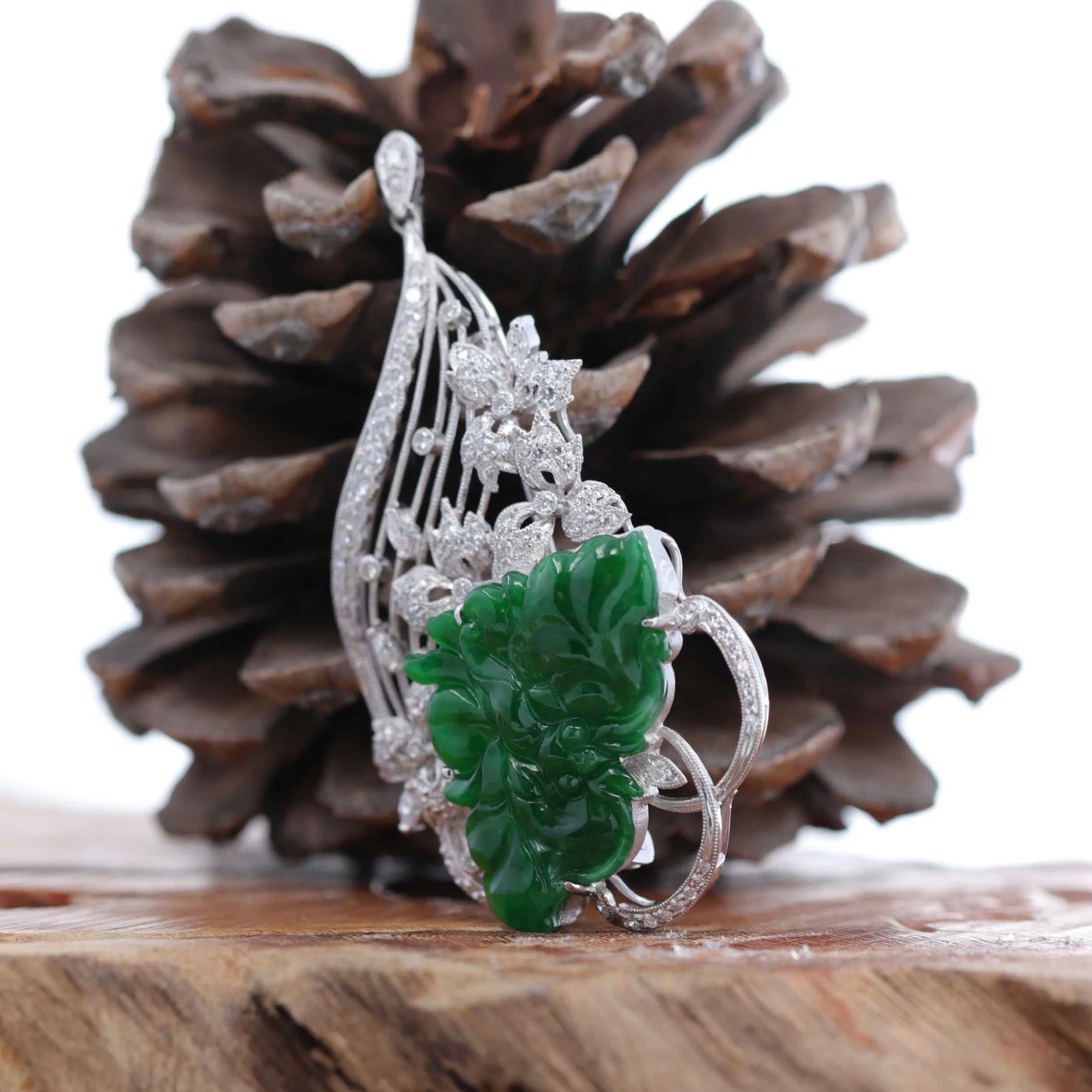 RealJade® "Imperial Butterfly" 18K White Gold Genuine Imperial Jadeite Pendant & Brooch with Diamonds