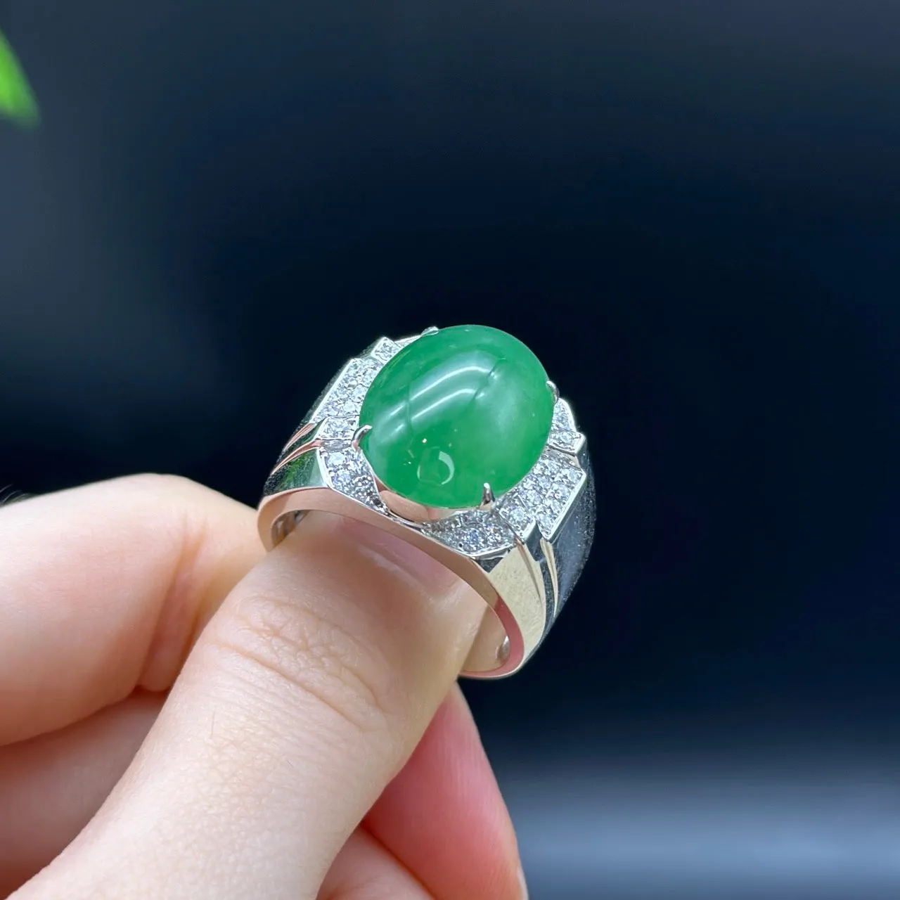 RealJade® "Signature Signet" 18K White Gold  Real Green Jadeite Jade Classic Men's Ring