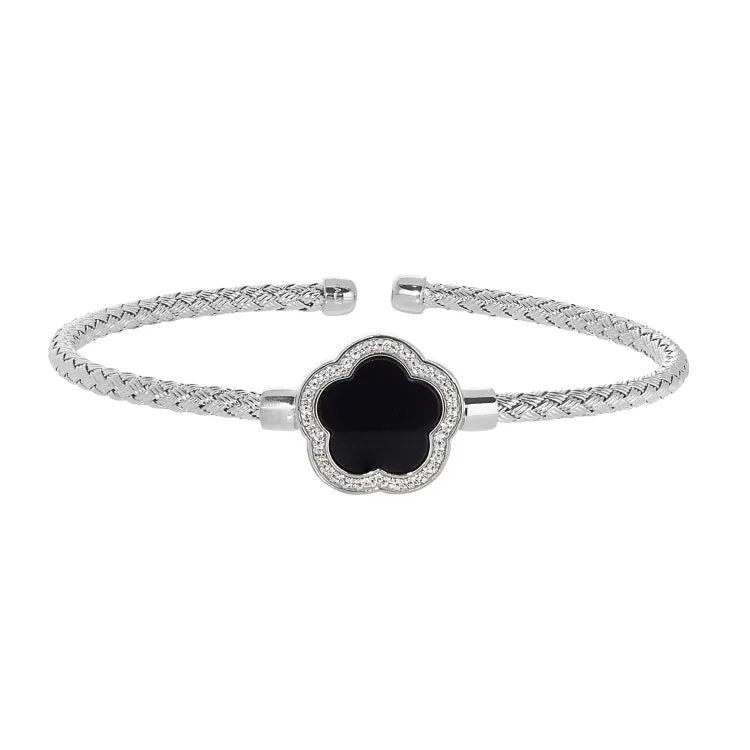 Rhodium Finish Sterling Silver Basketweave Cable Cuff  Bracelet with a Flower Shaped Onyx Stone and Simulated Diamonds