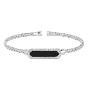 Rhodium Finish Sterling Silver Basketweave Cable Cuff  Bracelet with an Oval with Simulated Diamonds and an Onyx Stone