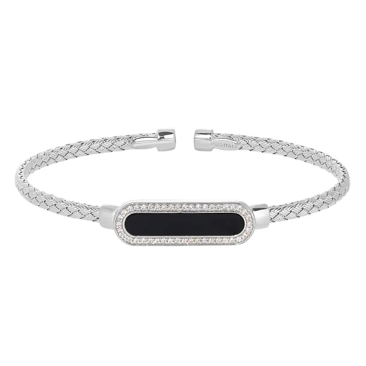 Rhodium Finish Sterling Silver Basketweave Cable Cuff  Bracelet with an Oval with Simulated Diamonds and an Onyx Stone