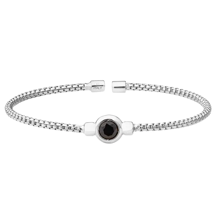 Rhodium Finish Sterling Silver Rounded Box Link Cuff Bracelet with Bezel Set Simulated Onyx