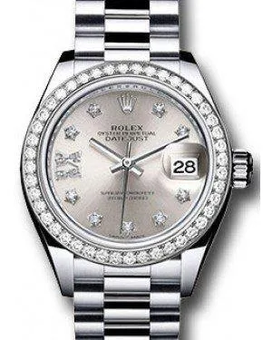 Rolex Datejust 28MM 279136 Silver Diamond Roman Diamond Bezel Platinum President - NEW