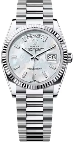 Rolex Day-Date 36 36mm White MOP Diamond-Set Dial Fluted Bezel President Bracelet - 128236 | 2024 Model