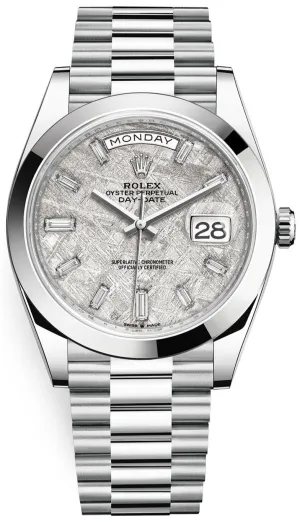 Rolex Day-Date 40 Platinum Day-Date Smooth Bezel Meteorite Baguette Diamond Dial President Bracelet 228206