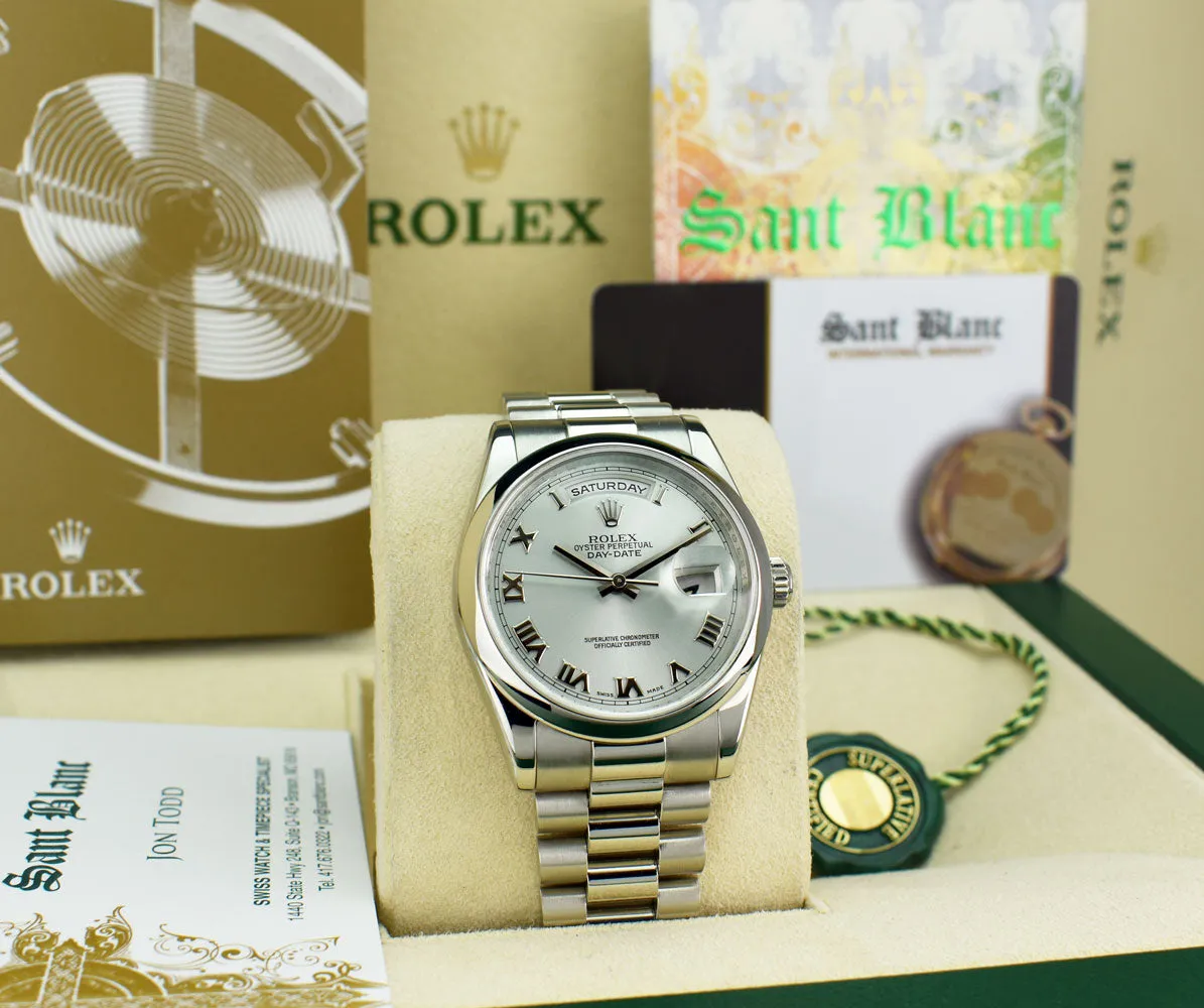 ROLEX REHAUT Mens Platinum President Day Date Bold Roman Dial Model 118206