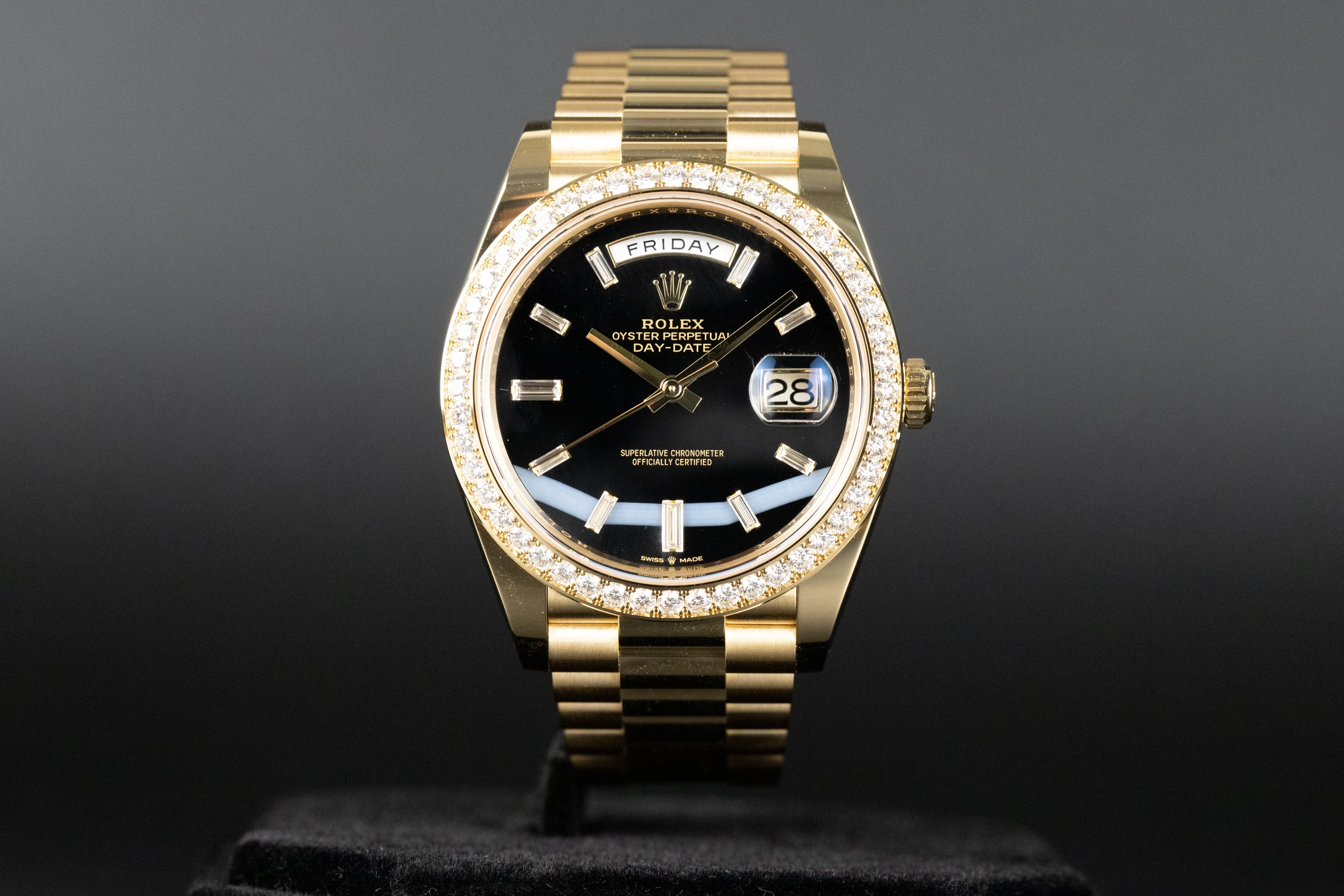 Rolex<br>228348RBR DayDate 40 Baguette Diamond Onyx Dial Diamond Bezel