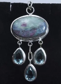 Ruby Fuschite and Kyanite with Blue Apatite Drops Sterling Silver Pendant