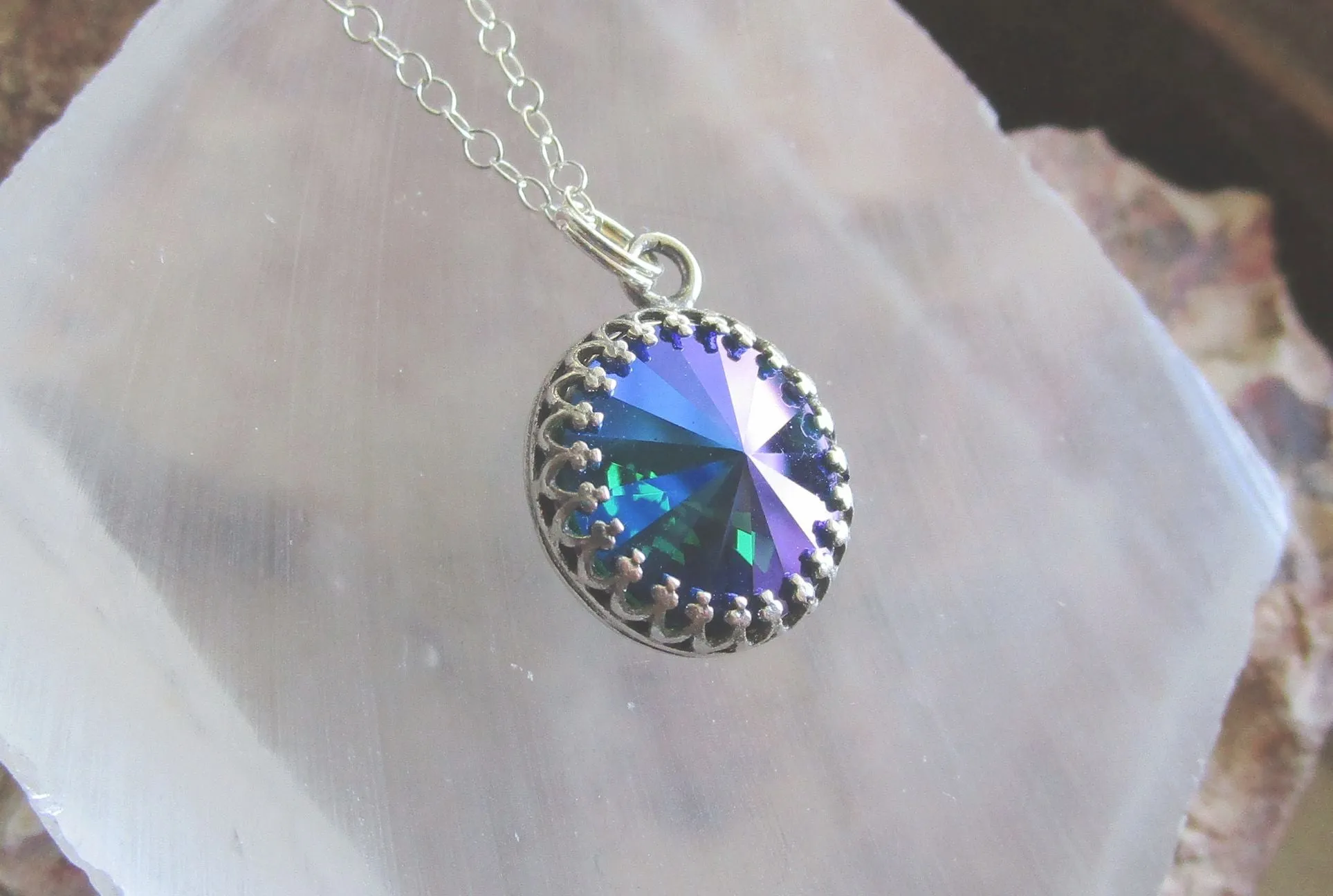 Sapphire Glacier Blue Rivoli Crystal Sterling Silver Pendant Necklace