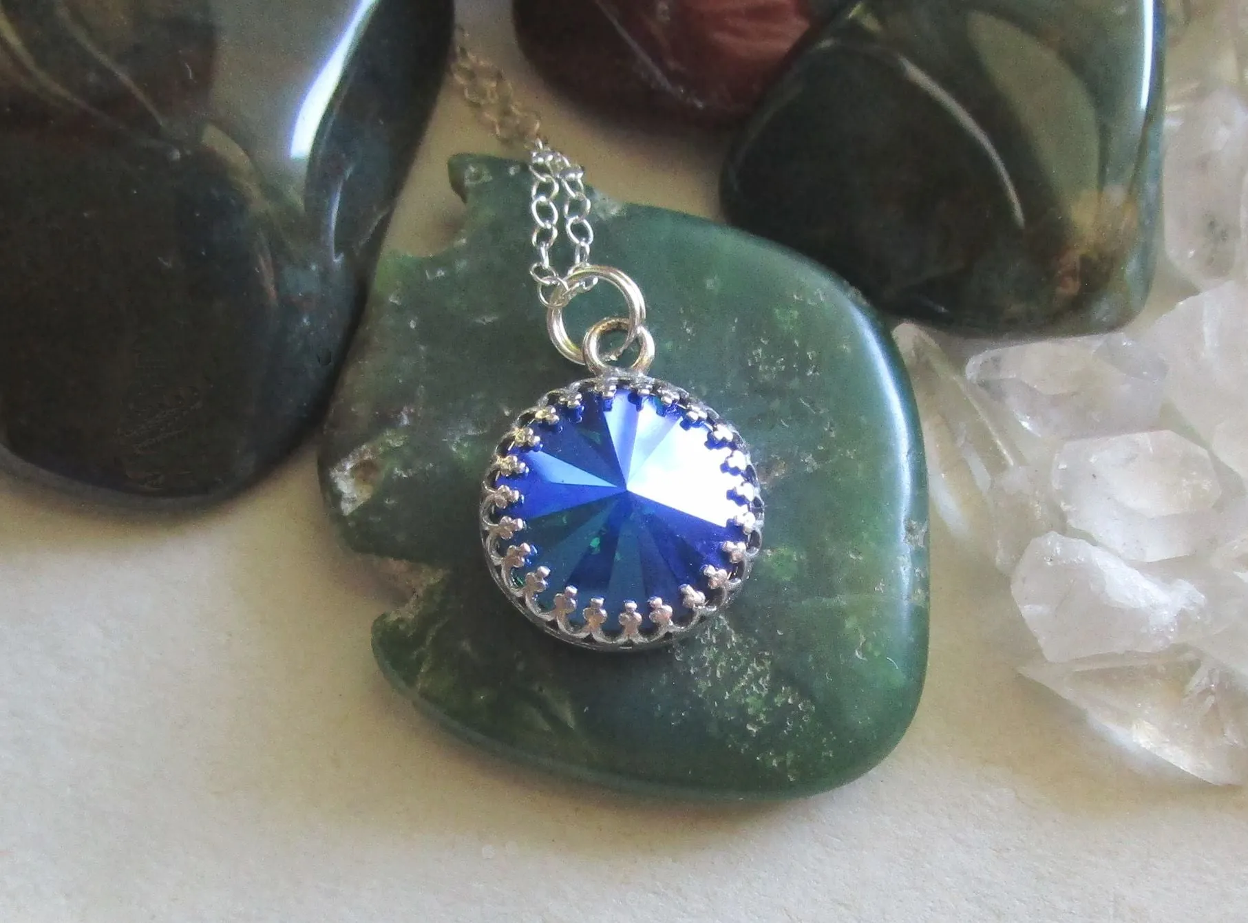 Sapphire Glacier Blue Rivoli Crystal Sterling Silver Pendant Necklace