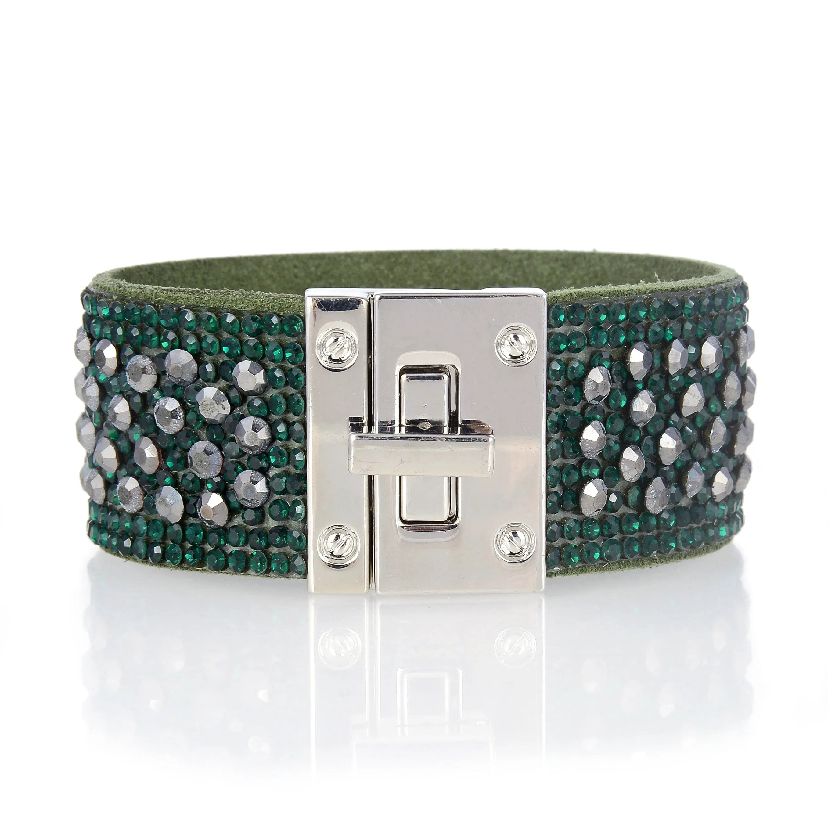 Short Swarovski Crystal Leather Band Bracelet Green with Toggle Lock