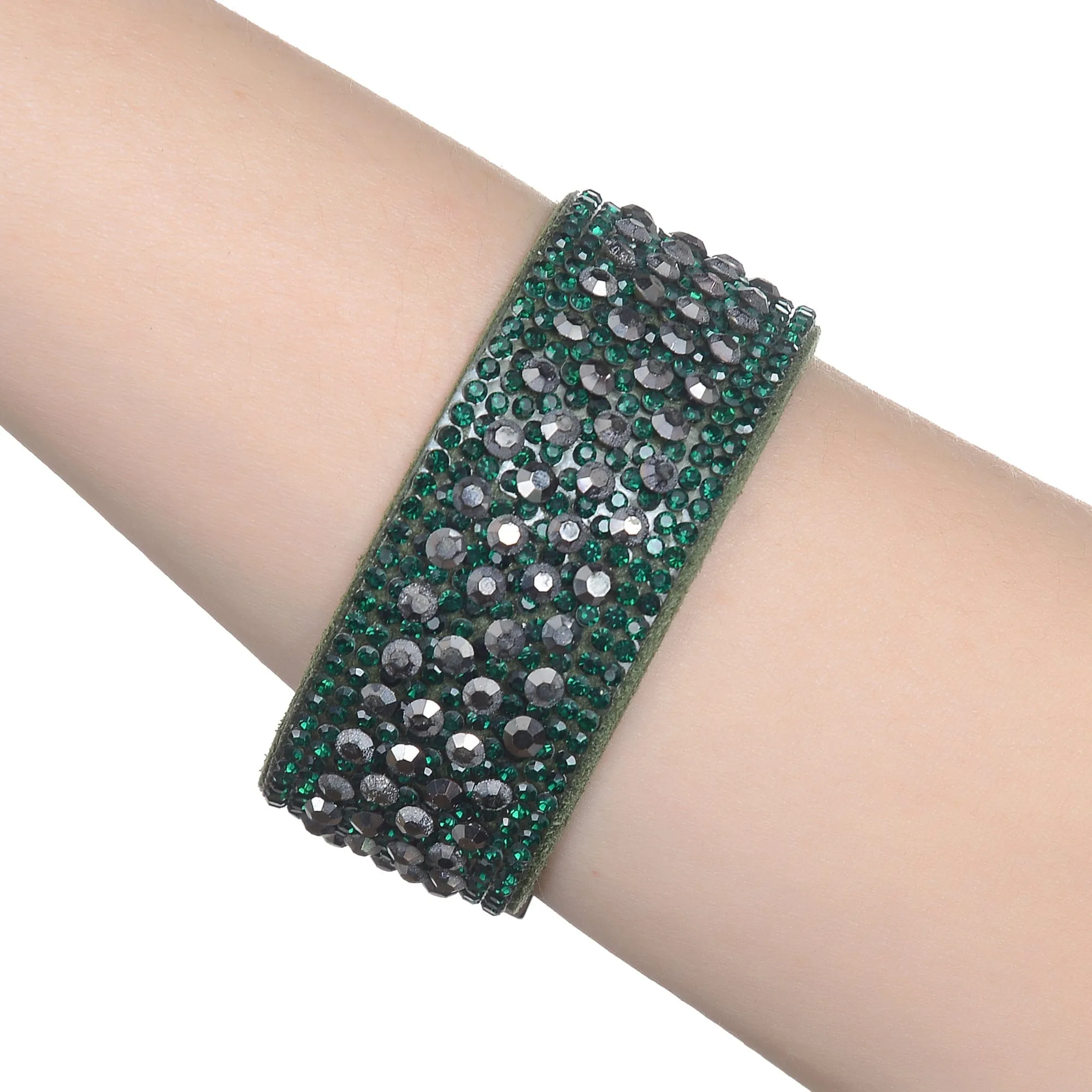 Short Swarovski Crystal Leather Band Bracelet Green with Toggle Lock