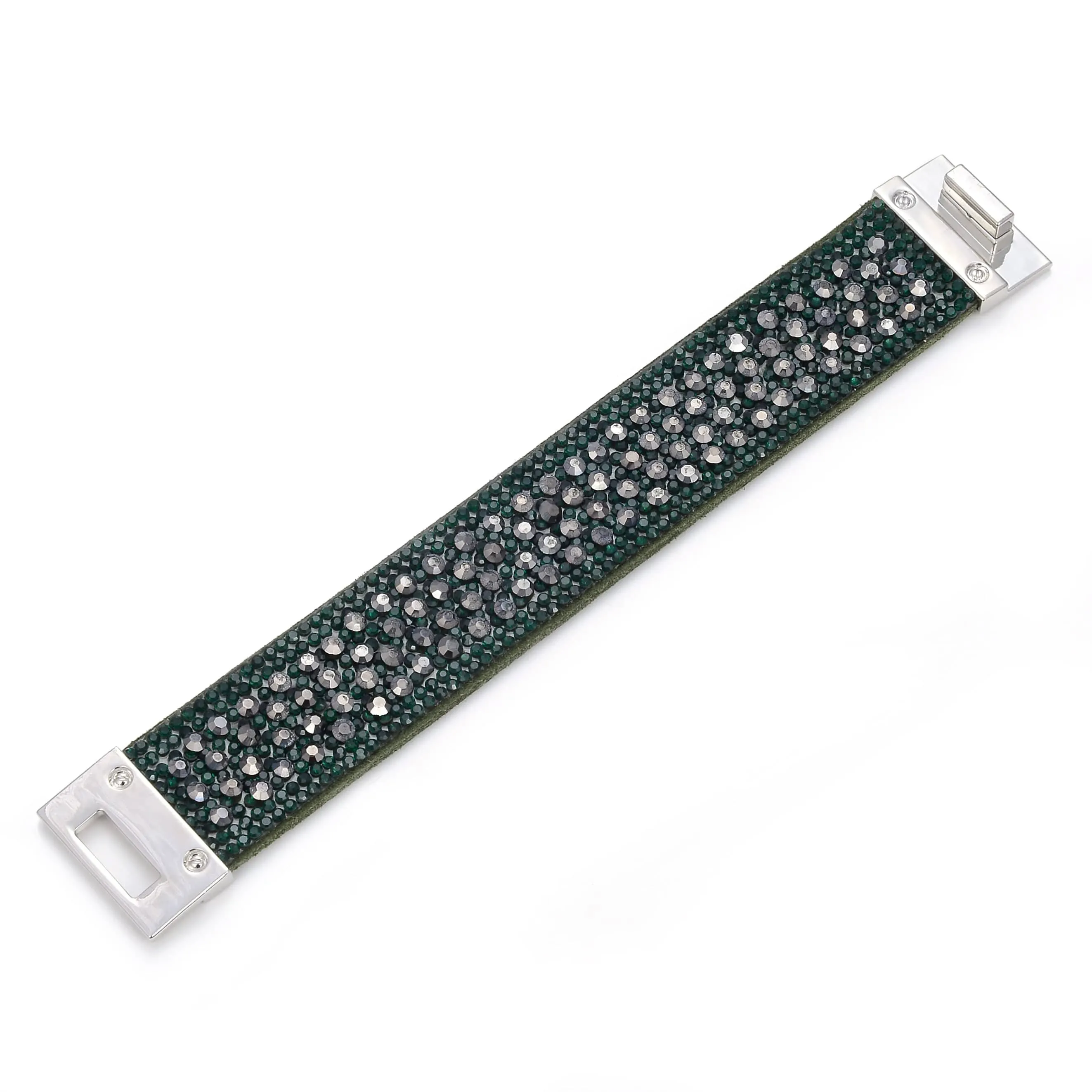 Short Swarovski Crystal Leather Band Bracelet Green with Toggle Lock