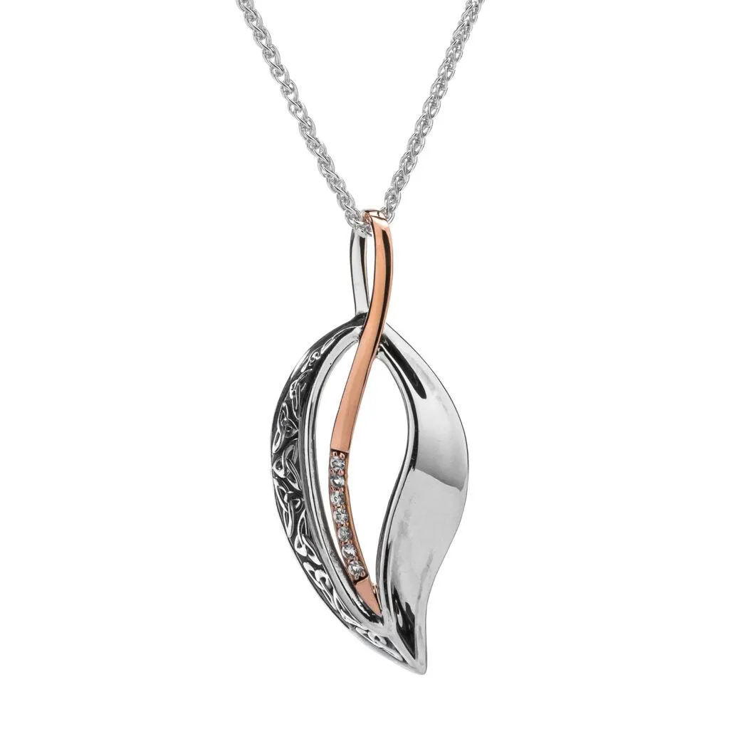 Silver and 10k Rose Gold Trinity Leaf White Sapphire Pendant -Oxidized Silver or Darkened Silver