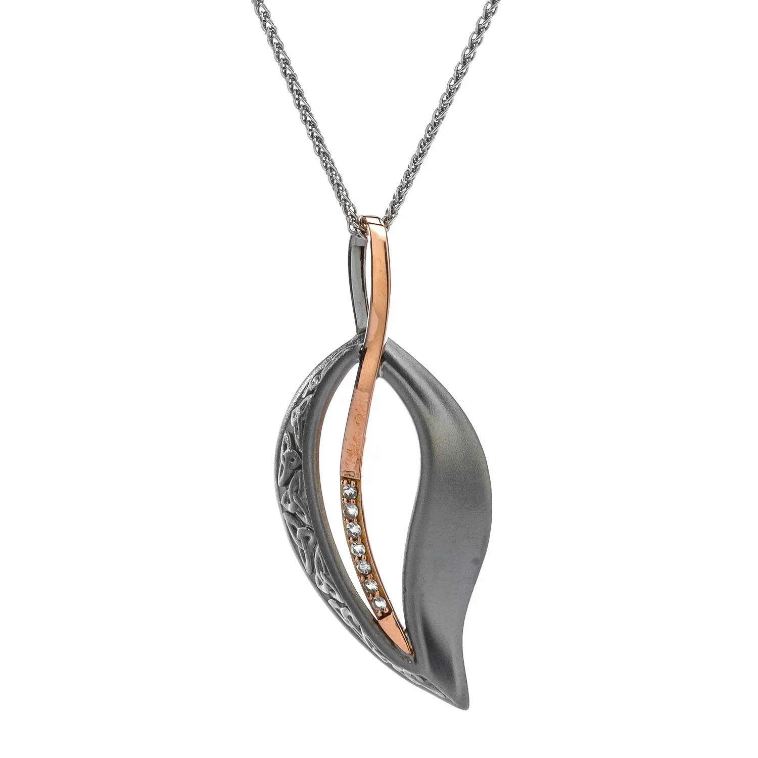 Silver and 10k Rose Gold Trinity Leaf White Sapphire Pendant -Oxidized Silver or Darkened Silver