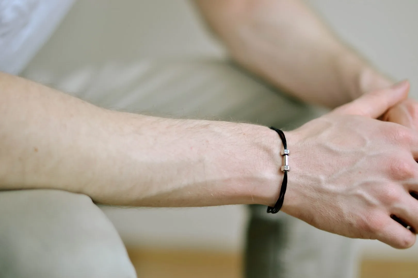 Silver Dumbbell bracelet for men, black cord, weights charms, workout jewelry for him