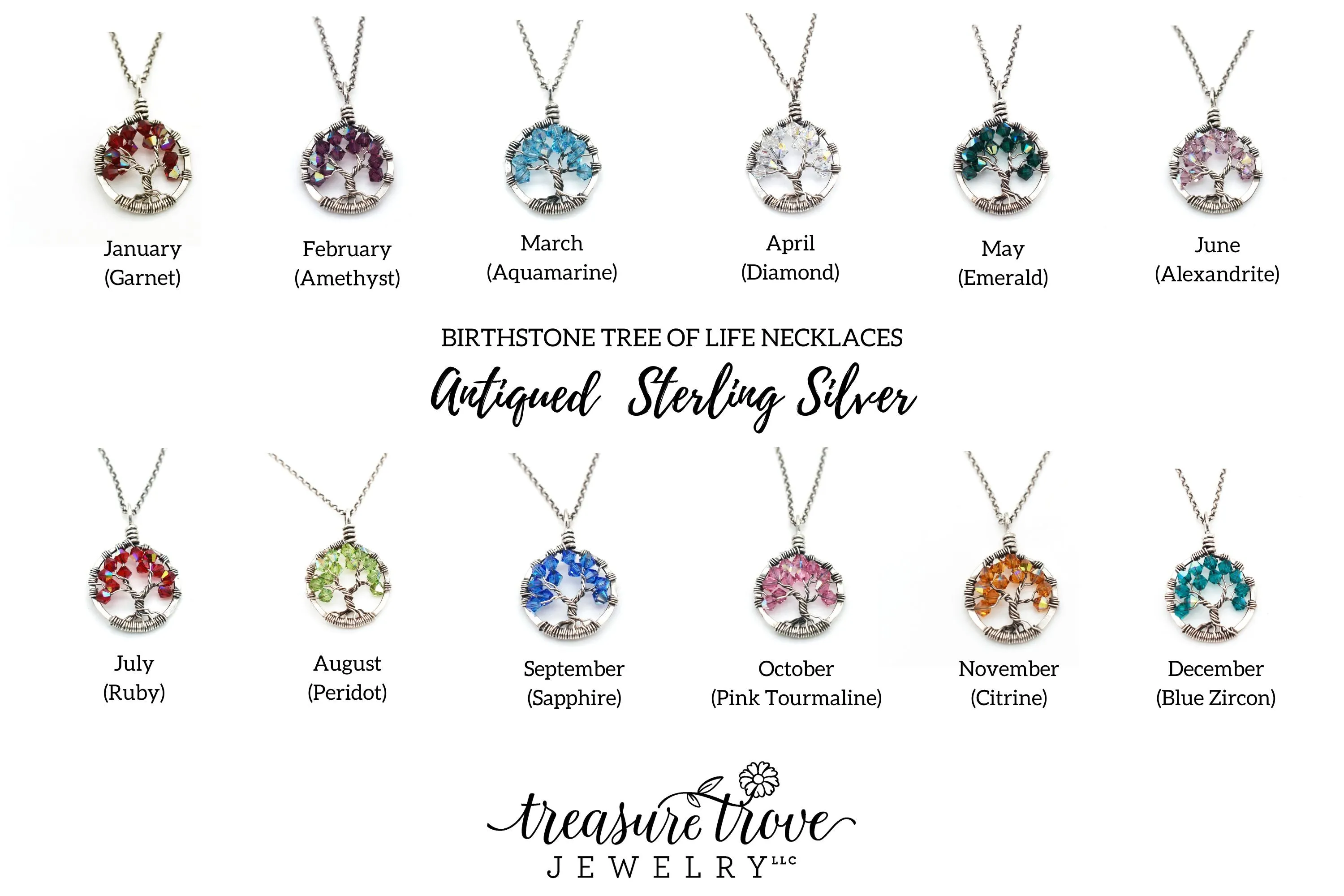 Silver Sapphire Tree of Life Crystal Necklace (September)