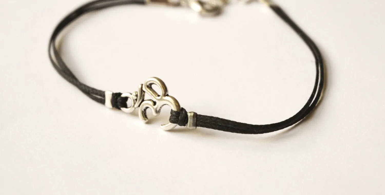 Silver tone Om charm bracelet for men, black cord, yoga jewelry, gift for him