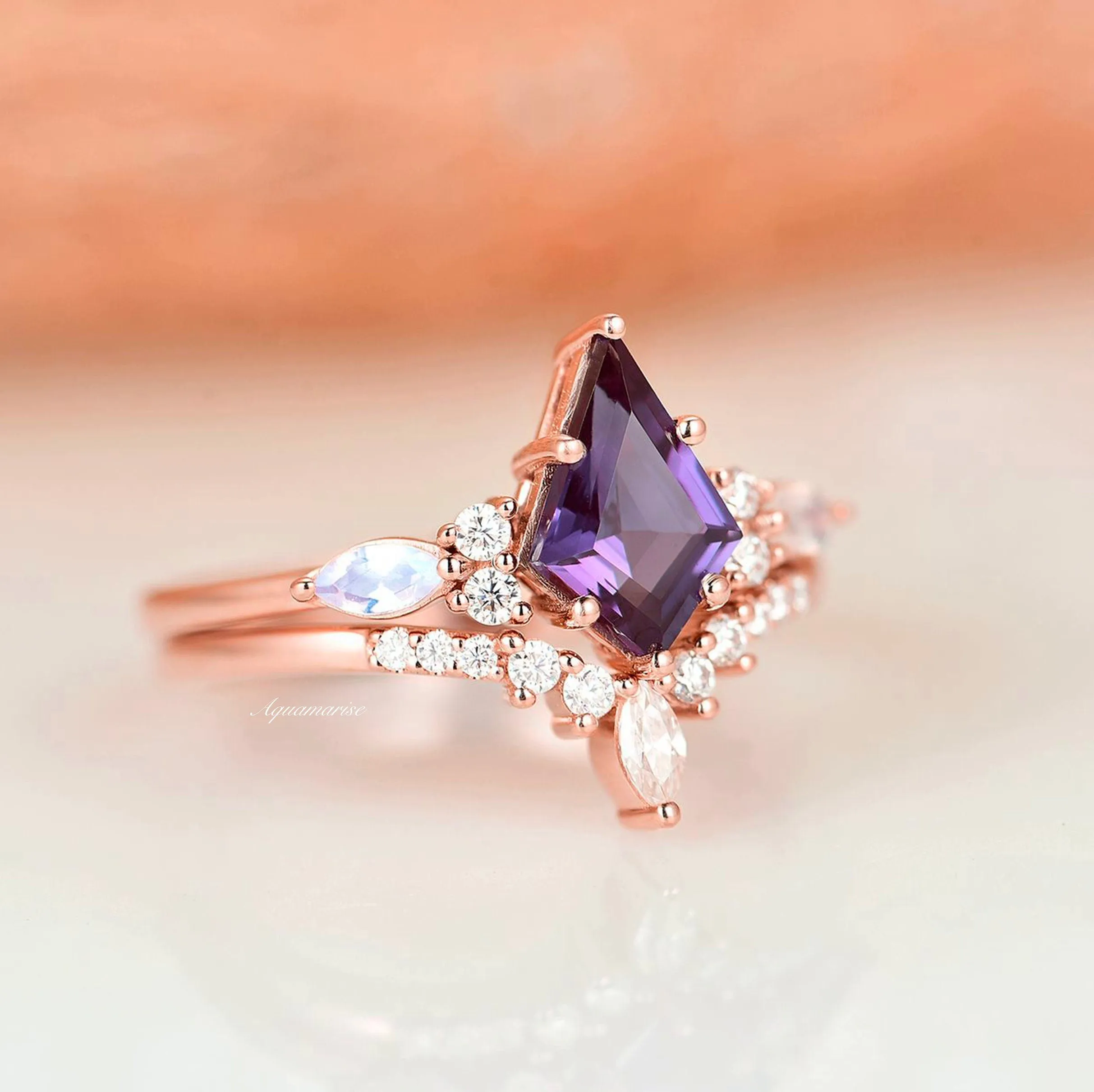 Skye Alexandrite & Moonstone Ring Set- 14K Rose Gold Vermeil