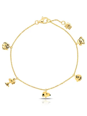 Snoopy & the Gang Charm .925 Sterling Silver Bracelet Finished in 18kt Yellow Gold