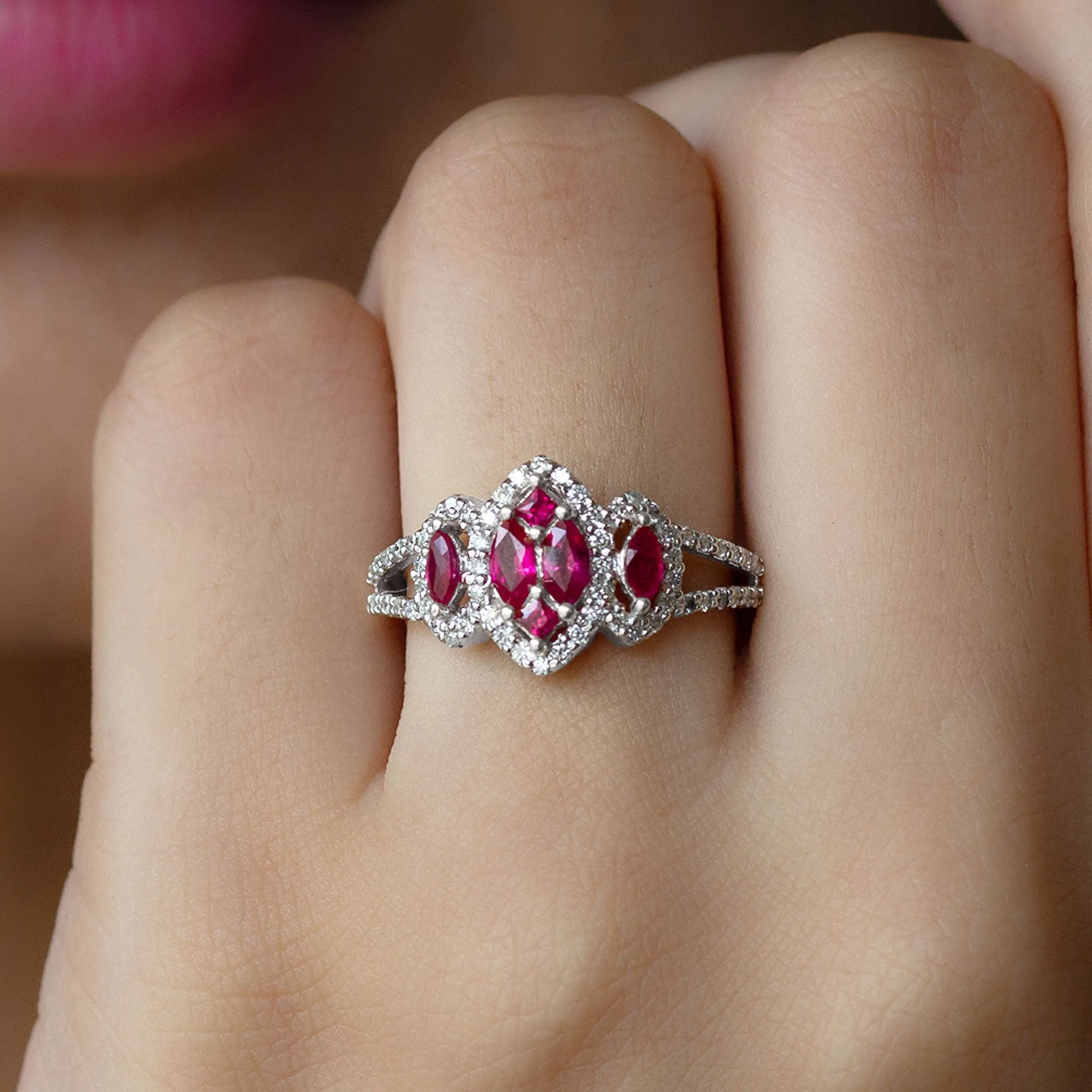 Split Shank Lab Grown Ruby and Diamond Cluster Engagement Ring