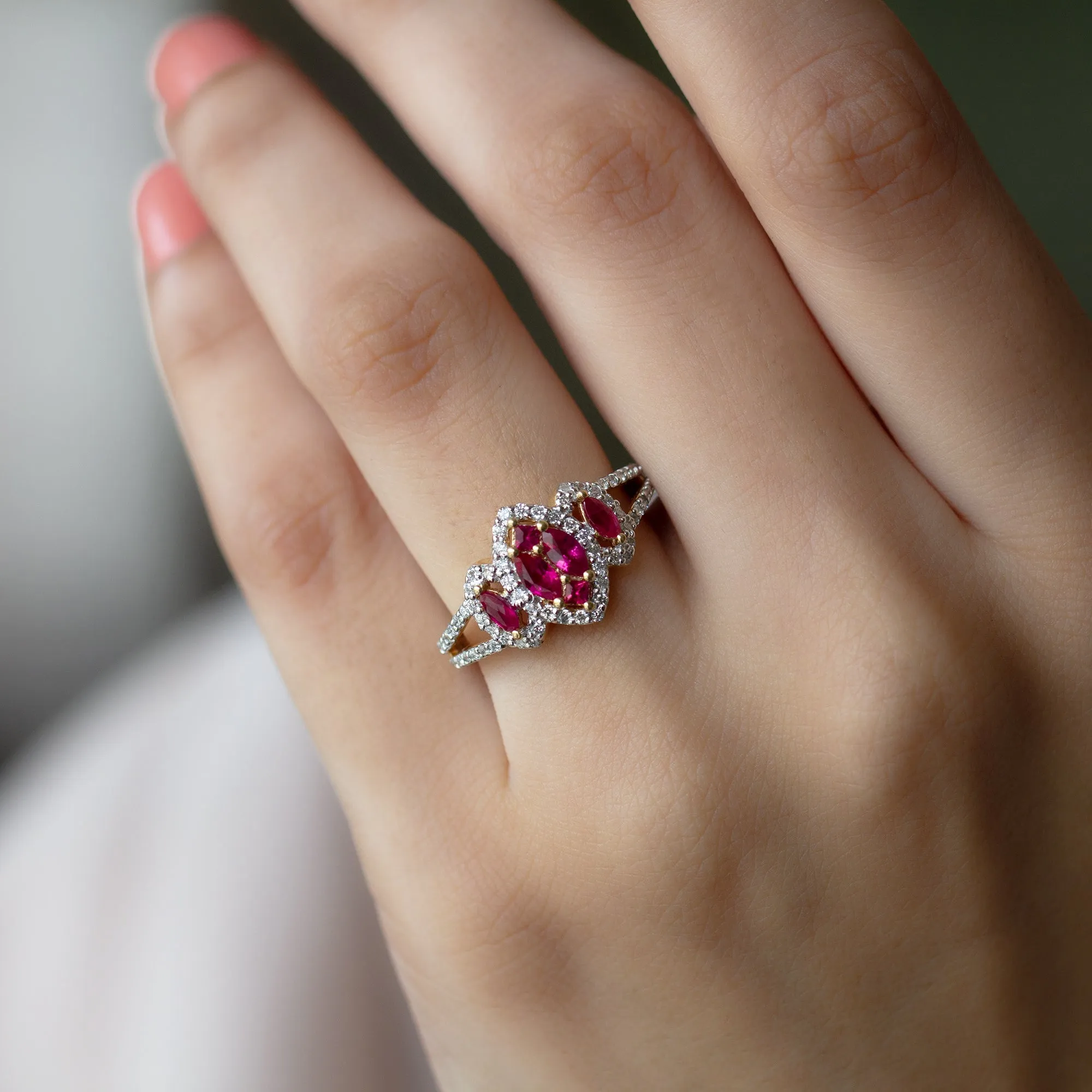 Split Shank Lab Grown Ruby and Diamond Cluster Engagement Ring