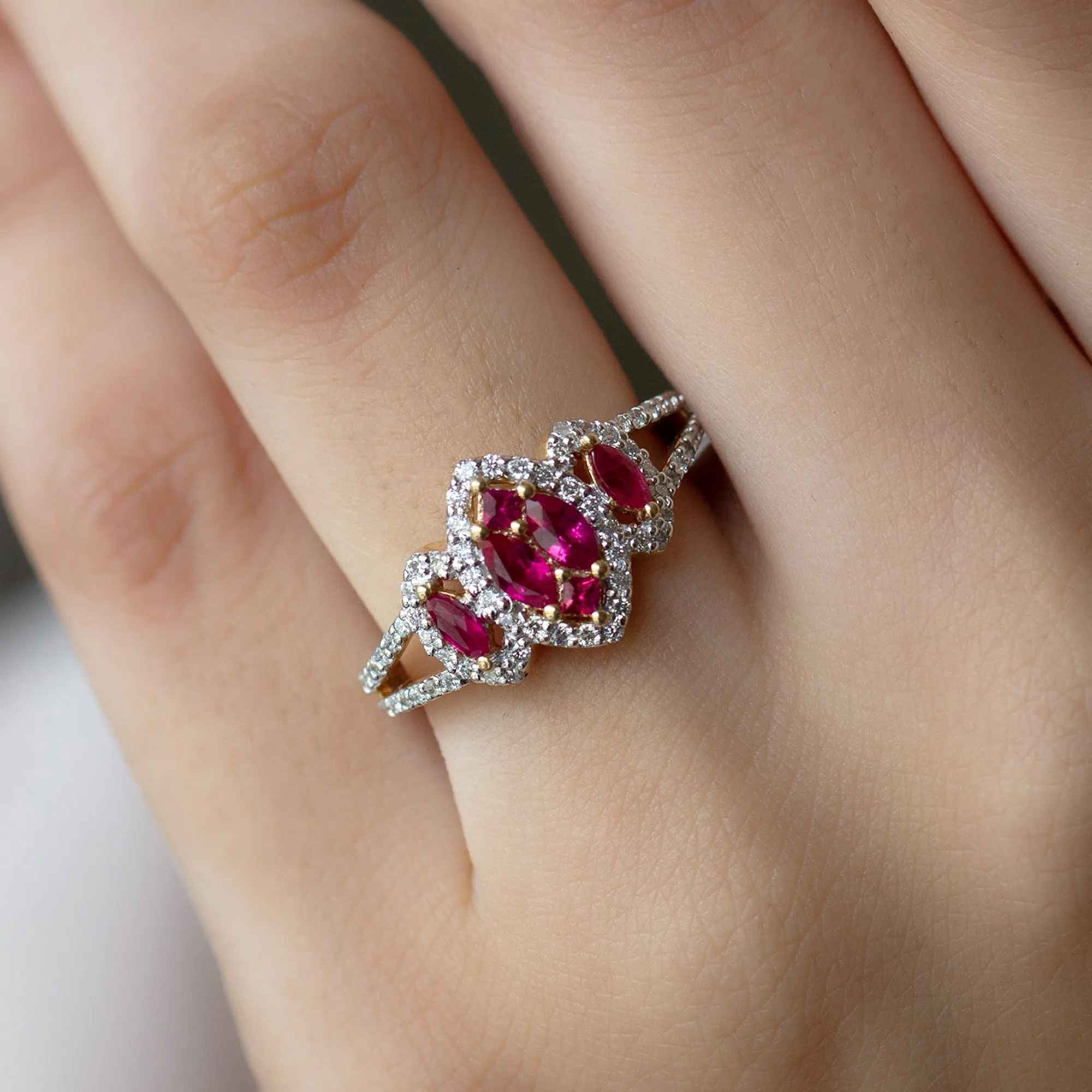 Split Shank Lab Grown Ruby and Diamond Cluster Engagement Ring