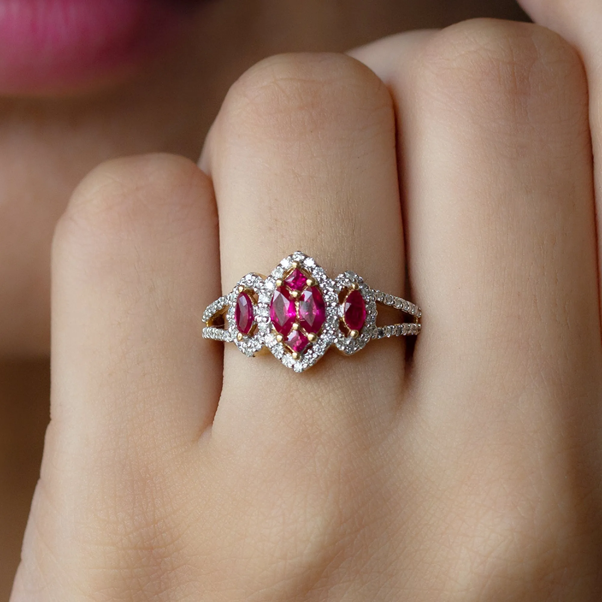 Split Shank Lab Grown Ruby and Diamond Cluster Engagement Ring