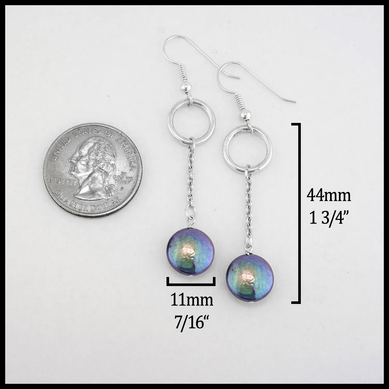 Sterling Loop Drop Earrings with Peacock Coin Pearls