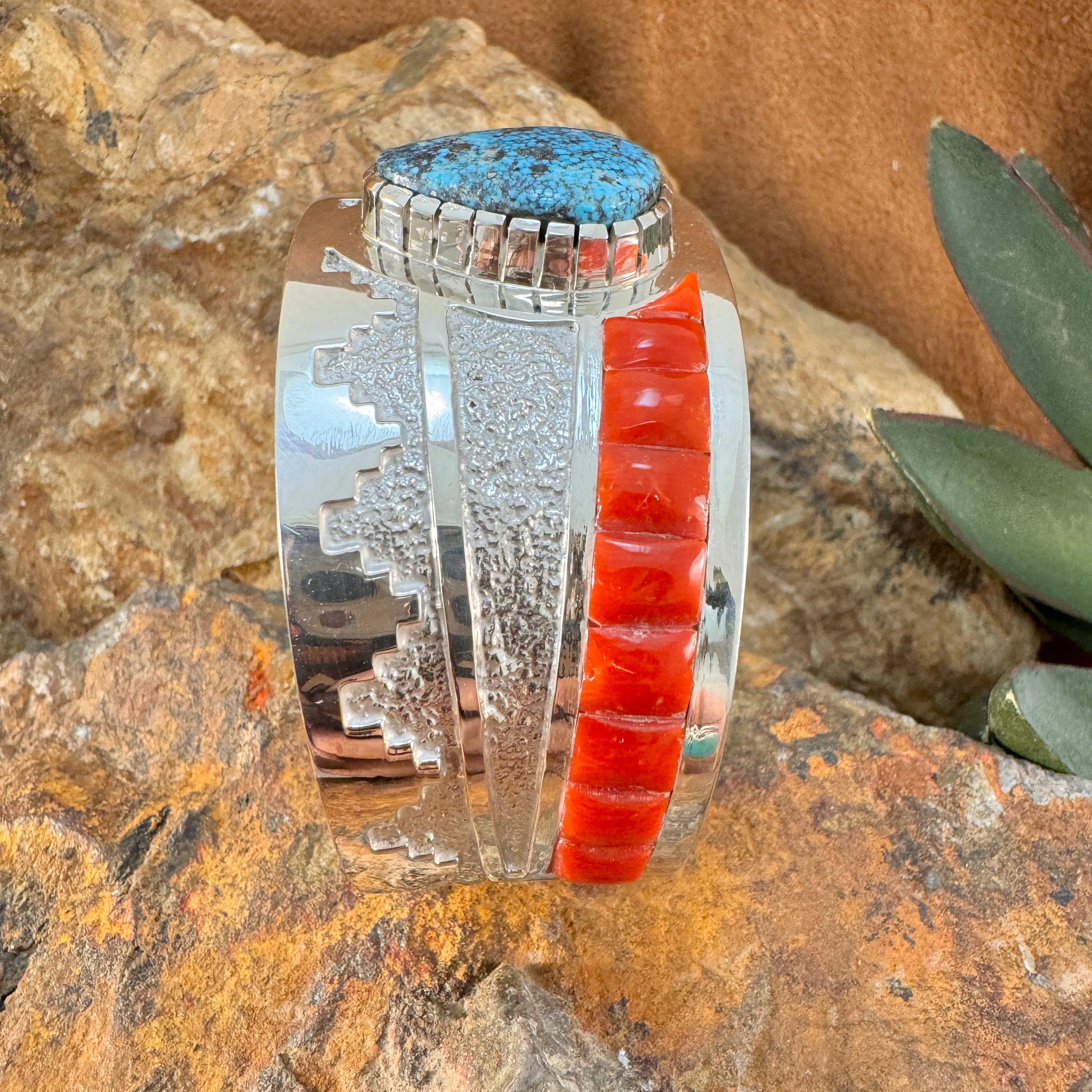 Sterling Silver Kingman Turquoise & Red Mediterranean Coral Cuff Bracelet by Wyatt Begaye