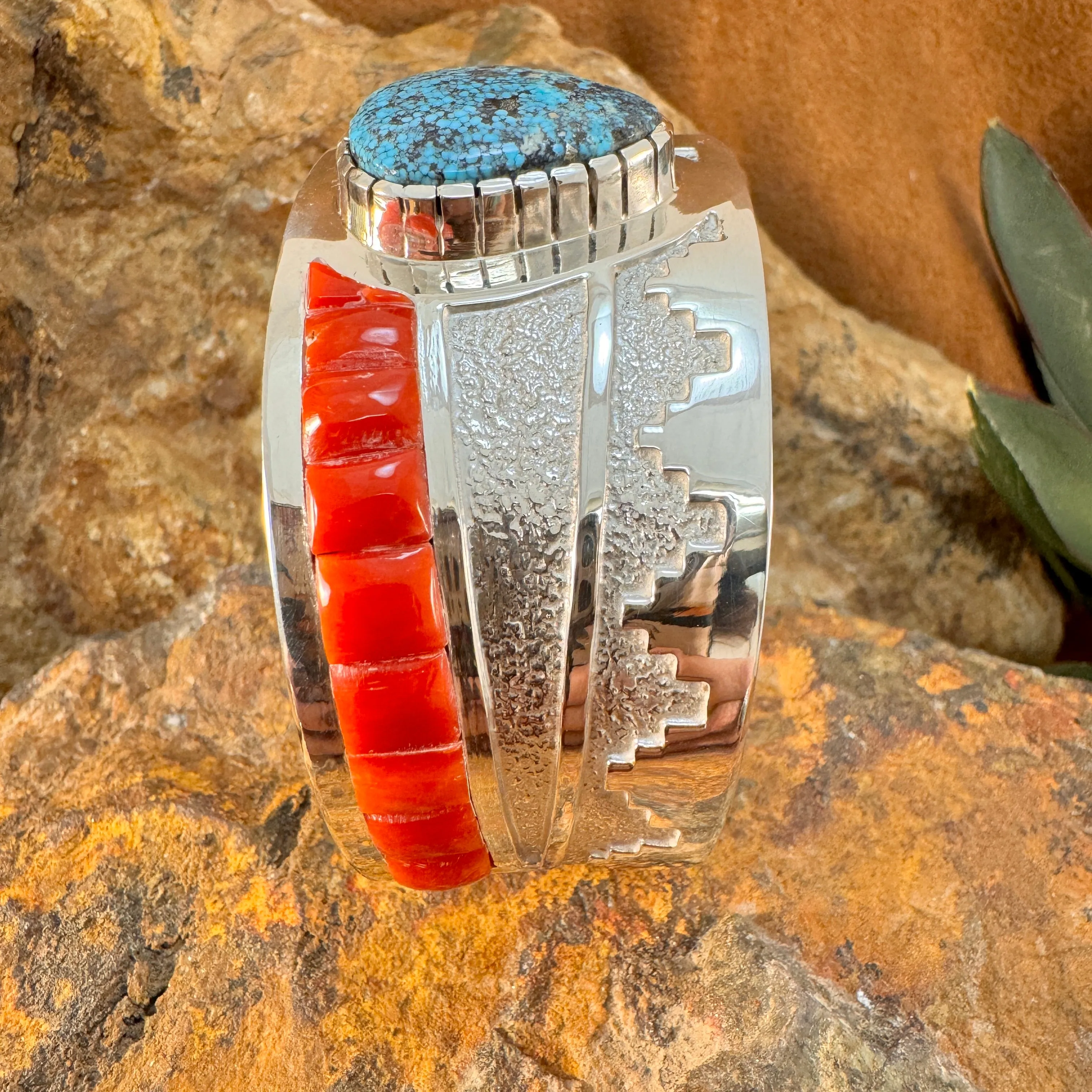 Sterling Silver Kingman Turquoise & Red Mediterranean Coral Cuff Bracelet by Wyatt Begaye