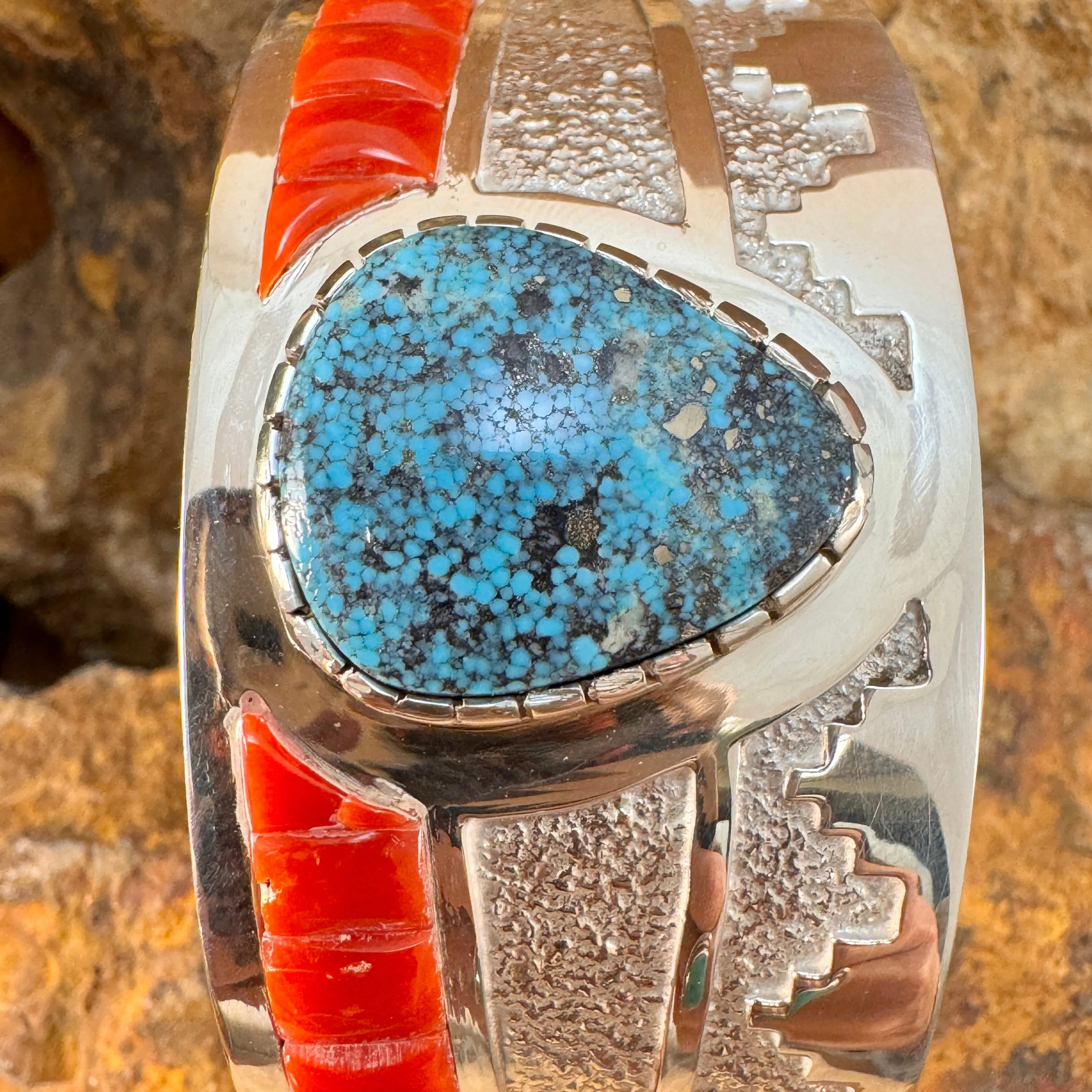 Sterling Silver Kingman Turquoise & Red Mediterranean Coral Cuff Bracelet by Wyatt Begaye