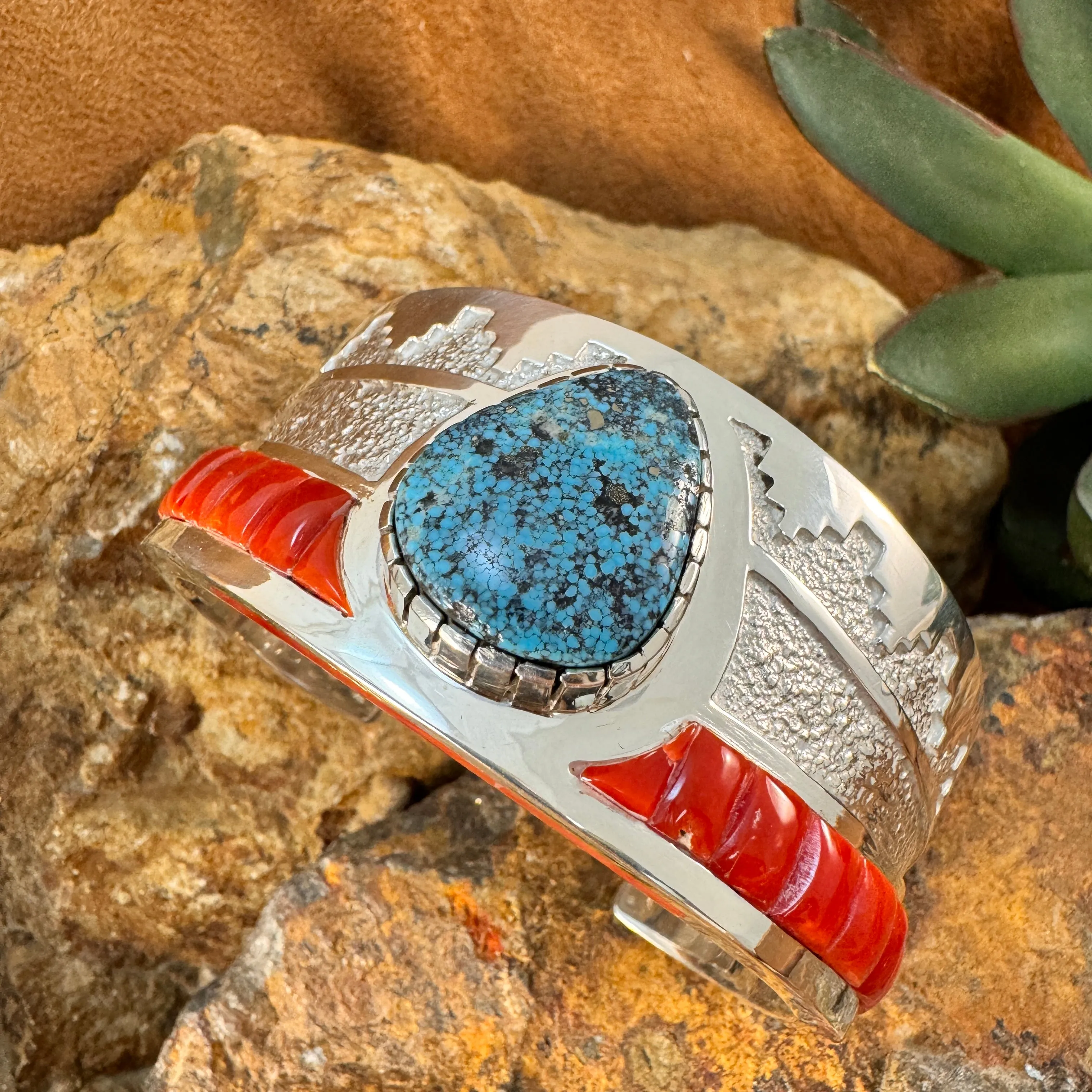 Sterling Silver Kingman Turquoise & Red Mediterranean Coral Cuff Bracelet by Wyatt Begaye