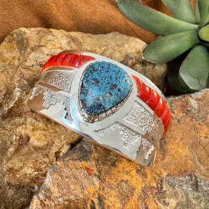 Sterling Silver Kingman Turquoise & Red Mediterranean Coral Cuff Bracelet by Wyatt Begaye