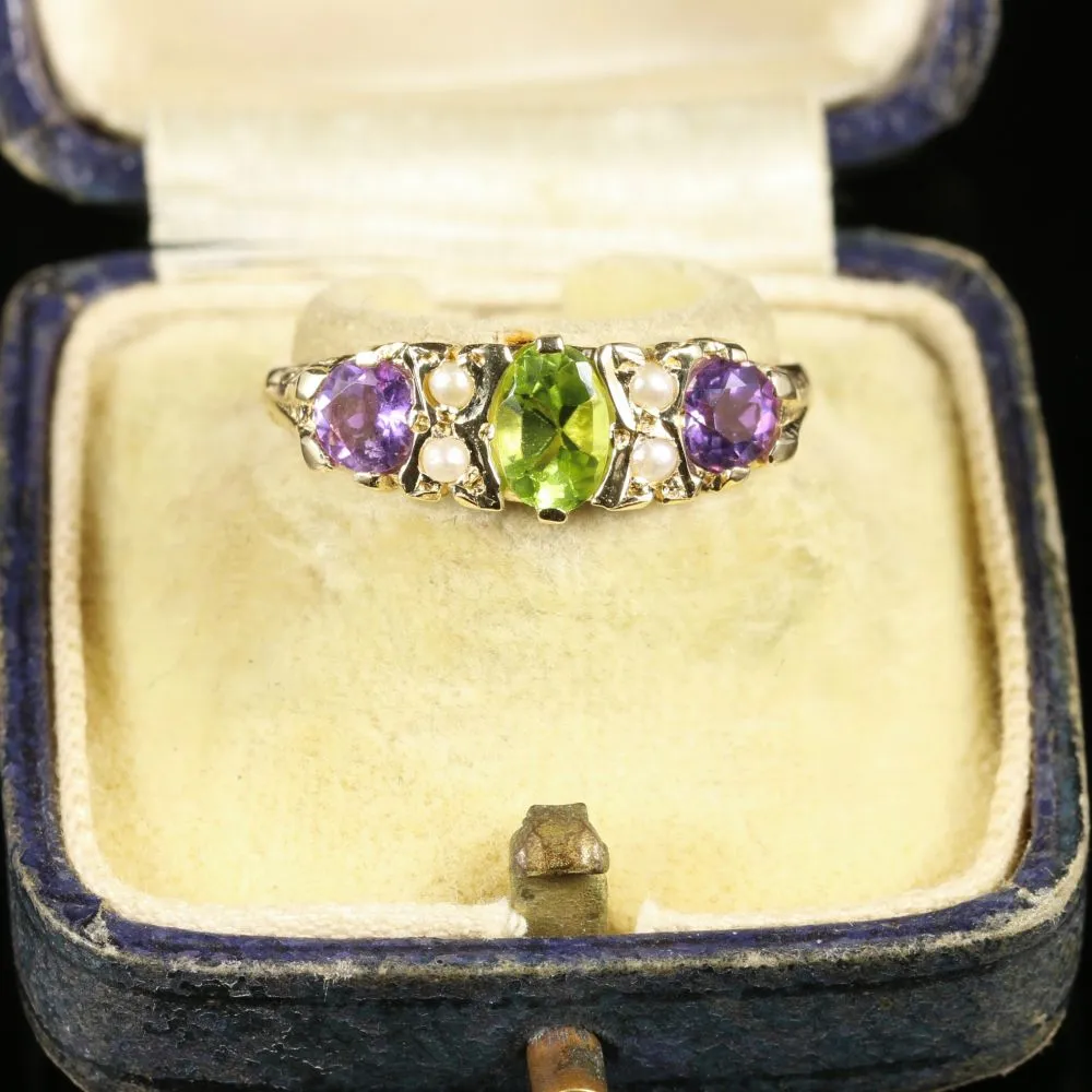 Suffragette Ring Peridot Amethyst Pearl 9Ct Gold