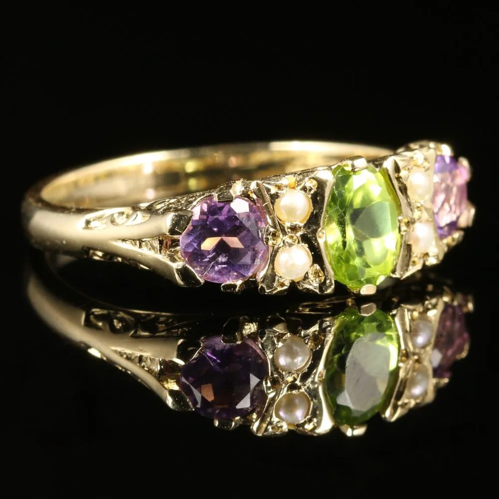 Suffragette Ring Peridot Amethyst Pearl 9Ct Gold