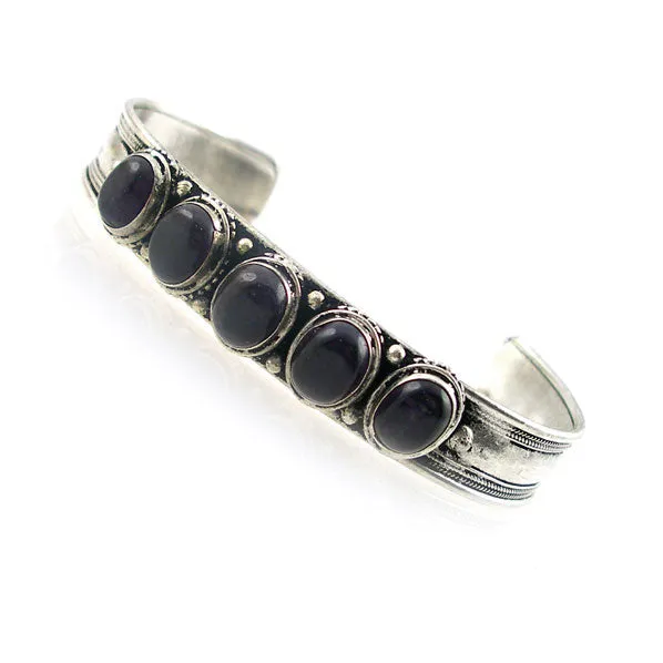 Tibetan Silver Open Cuff Bracelet with 5 Onyx Cabochons 0.5" Wide