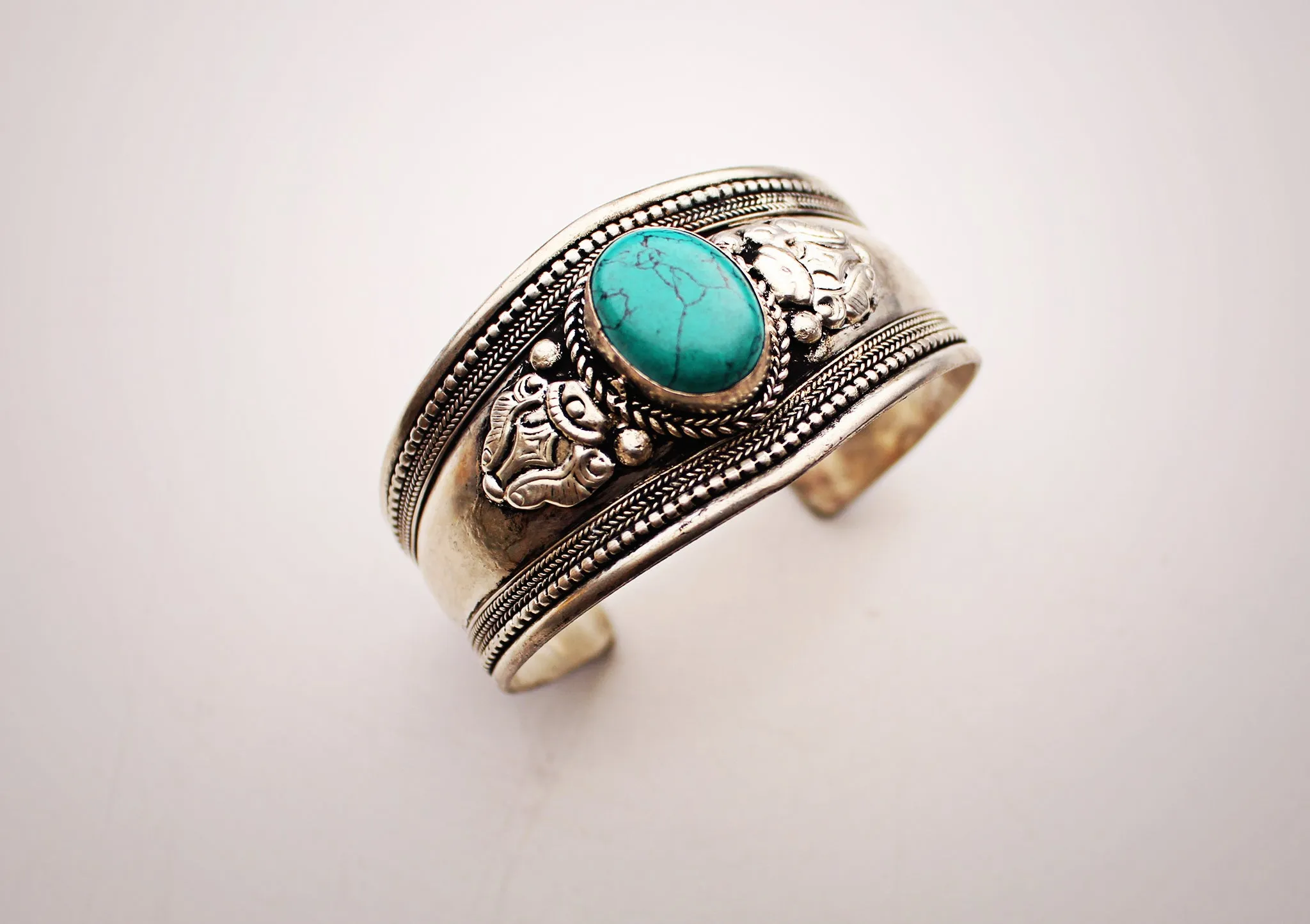 Turquoise Inlaid White Metal Tibetan Cuff Bracelet