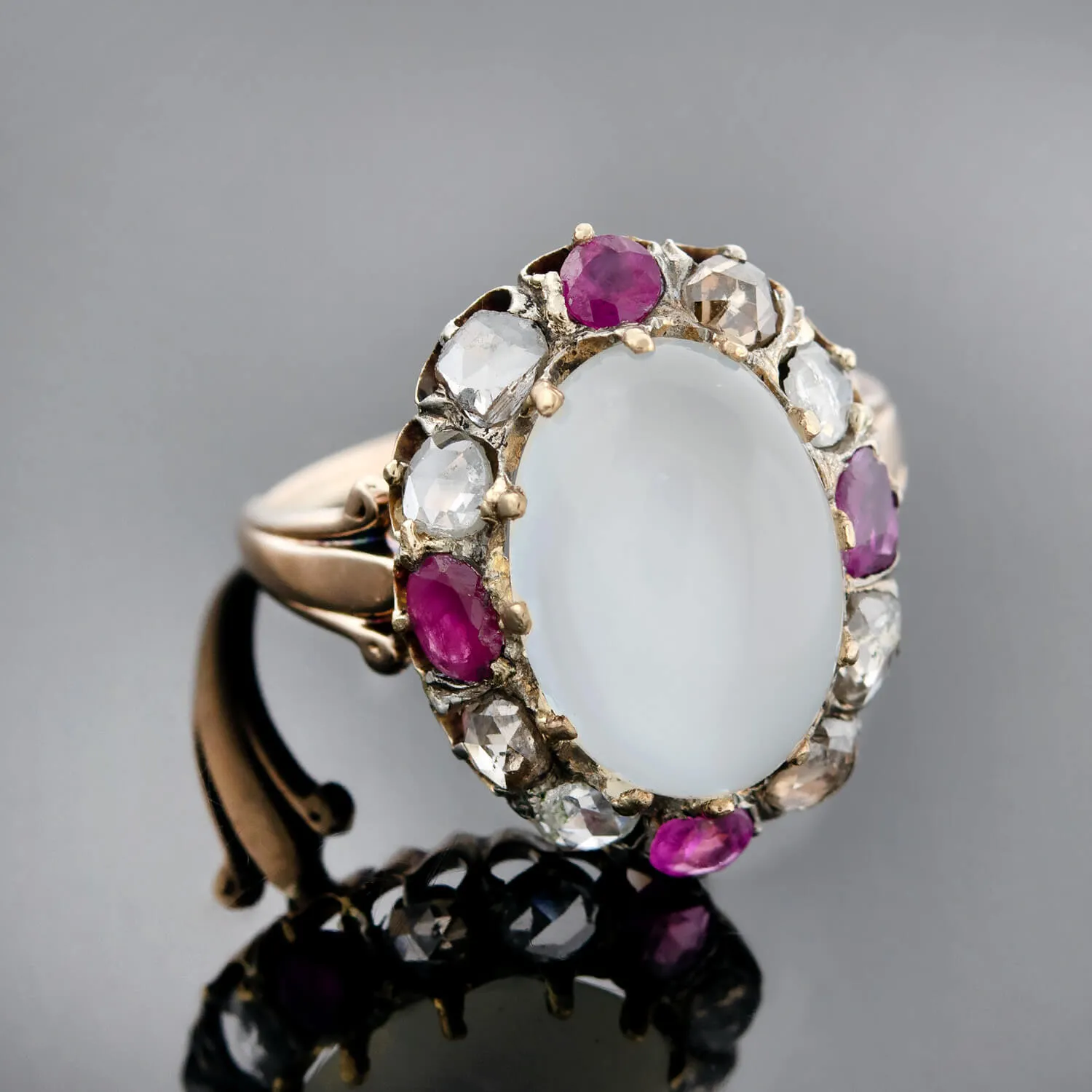 Victorian 18kt/Sterling Moonstone, Ruby   Rose Cut Diamond Cluster Ring