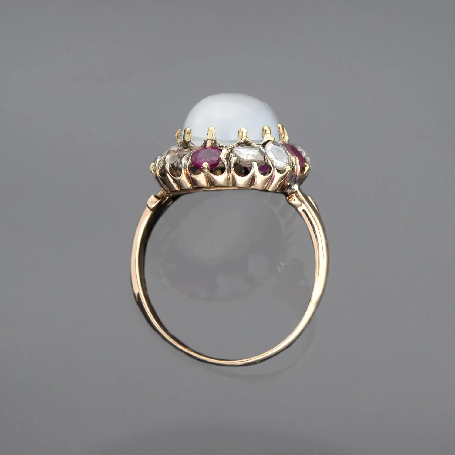 Victorian 18kt/Sterling Moonstone, Ruby   Rose Cut Diamond Cluster Ring