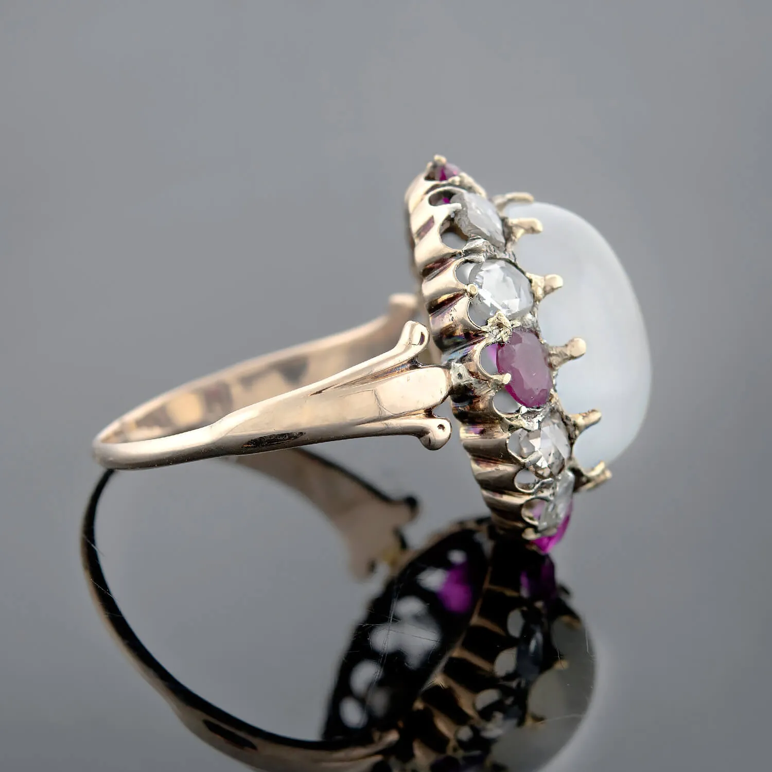 Victorian 18kt/Sterling Moonstone, Ruby   Rose Cut Diamond Cluster Ring