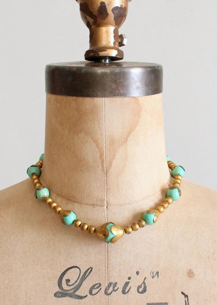 Vintage 1930s Jade Glass and Brass Choker Necklace