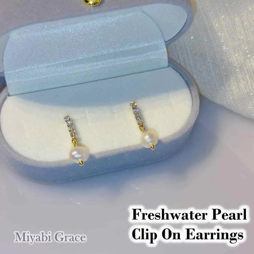 White Freshwater Pearl & Cubic Zirconia Crystal CZ Bar Gold Coil Clip On Earrings