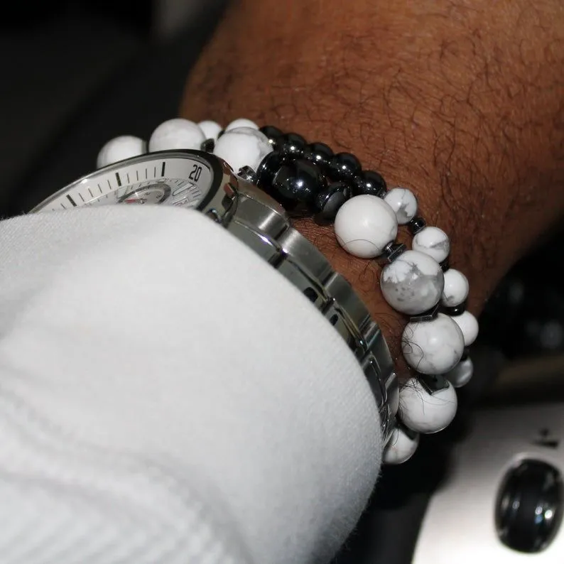 White Howlite Stackable Bead Bracelet Set